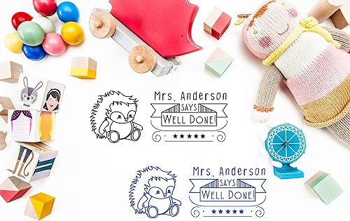 Miniatura 2 de Sello de goma personalizado para profesor de aula, sello de estudiante autoentintado bien hecho con imagen de erizo. Variedad de diseños, 5 colores