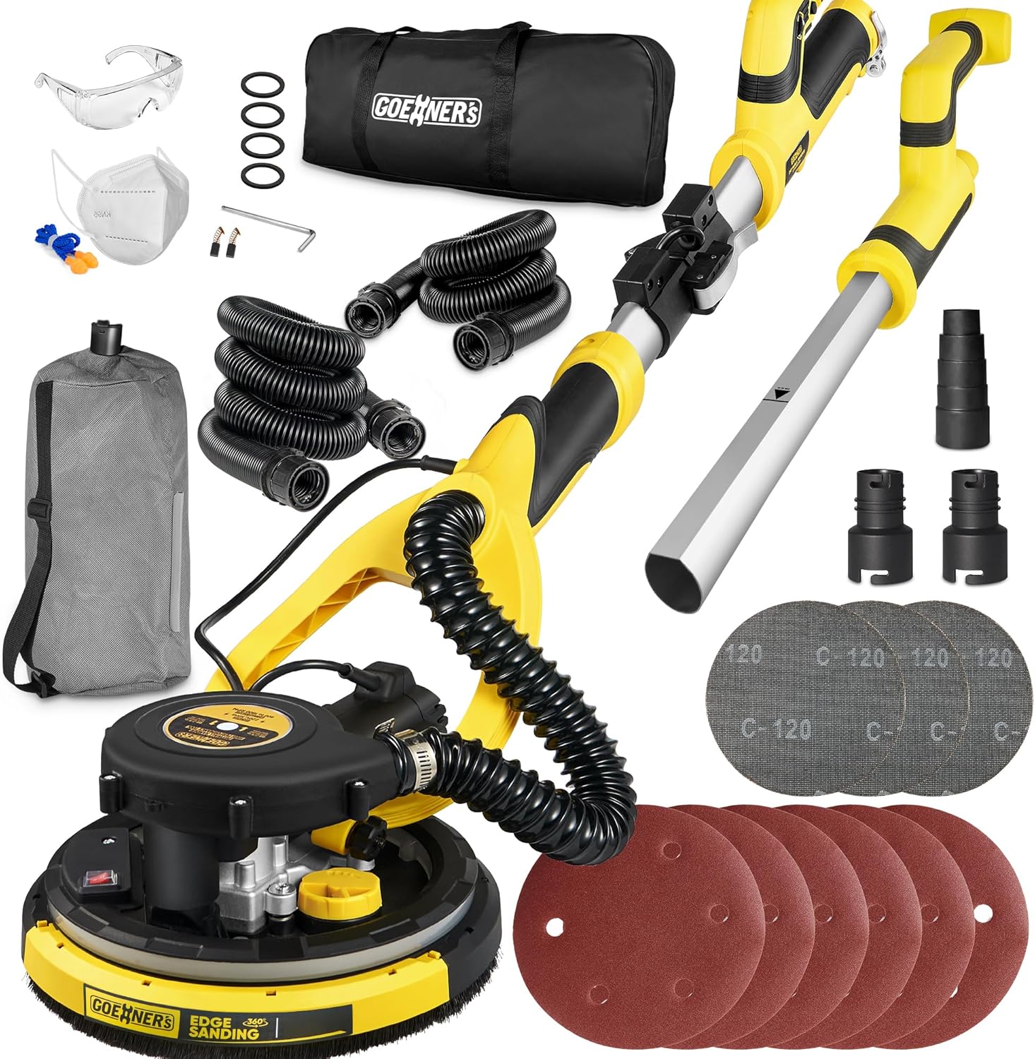 Drywall Sander, Electric Drywall Sander with Vacuum, Automatic Dust Removal, 7 Variable Speed, 900-1800RPM, 26’ Power Cord, Labor-Saving Handle and Patented Fixture for Ceiling Sanding, LED Light Yellow