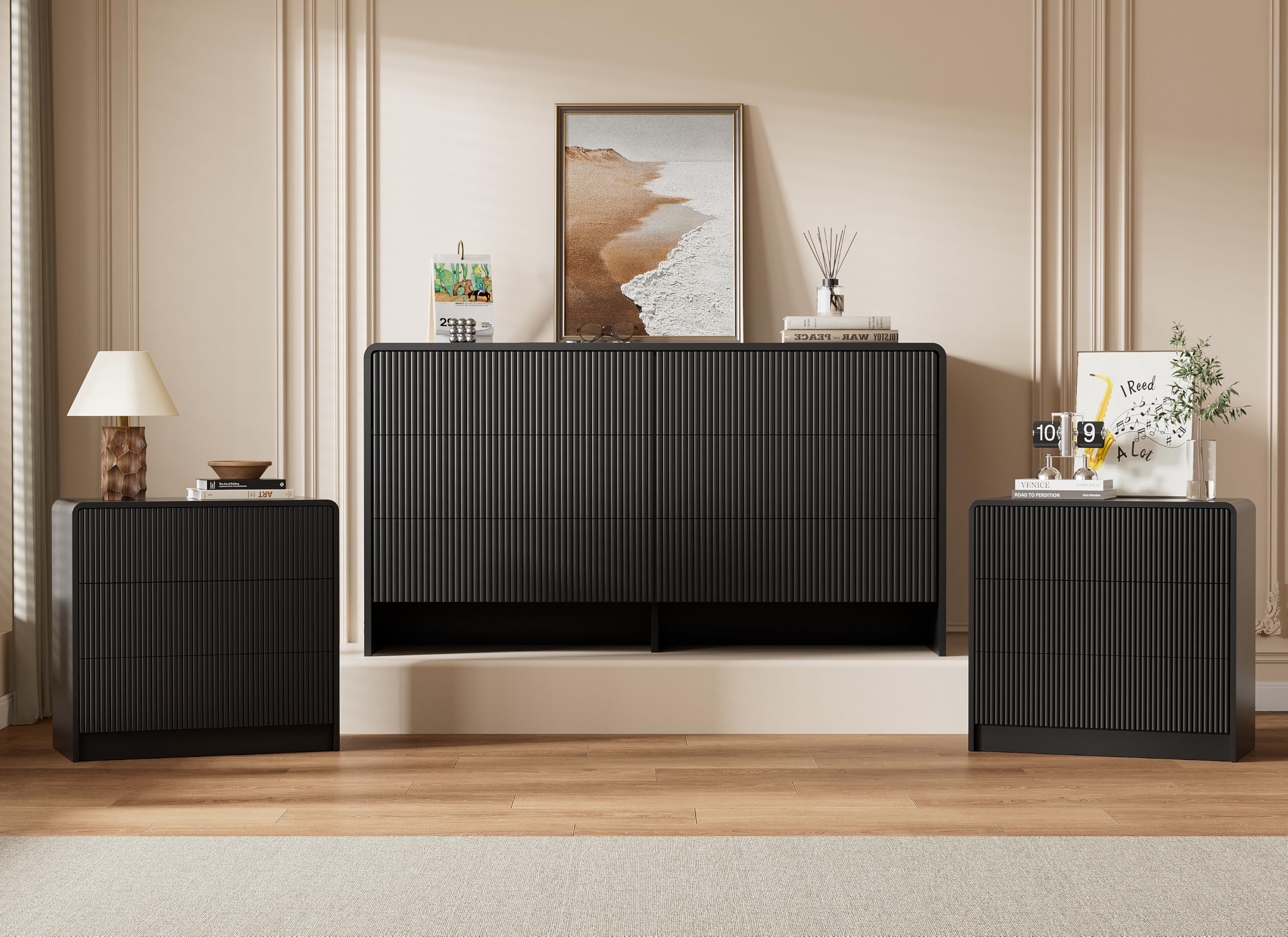 Furniway Bedroom Dresser Set 3 Piece, 6 Drawer Curved Dresser with 2 Nightstands, Modern Fluted Wood Storage Cabinet, White Chest of Drawers with Pop-Up Design, Black