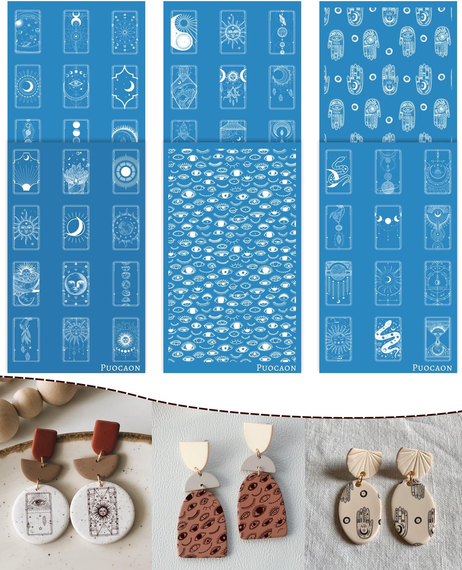 Puocaon Tarot Clay Silk Screen - 6 Pcs Tarot Card Polymer Clay Silk Screen Stencils for Clay Jewelry, Evil Eye Mystic Silk Screen Stencils for Polymer Clay Earrings, Moon Clay Silk Screen