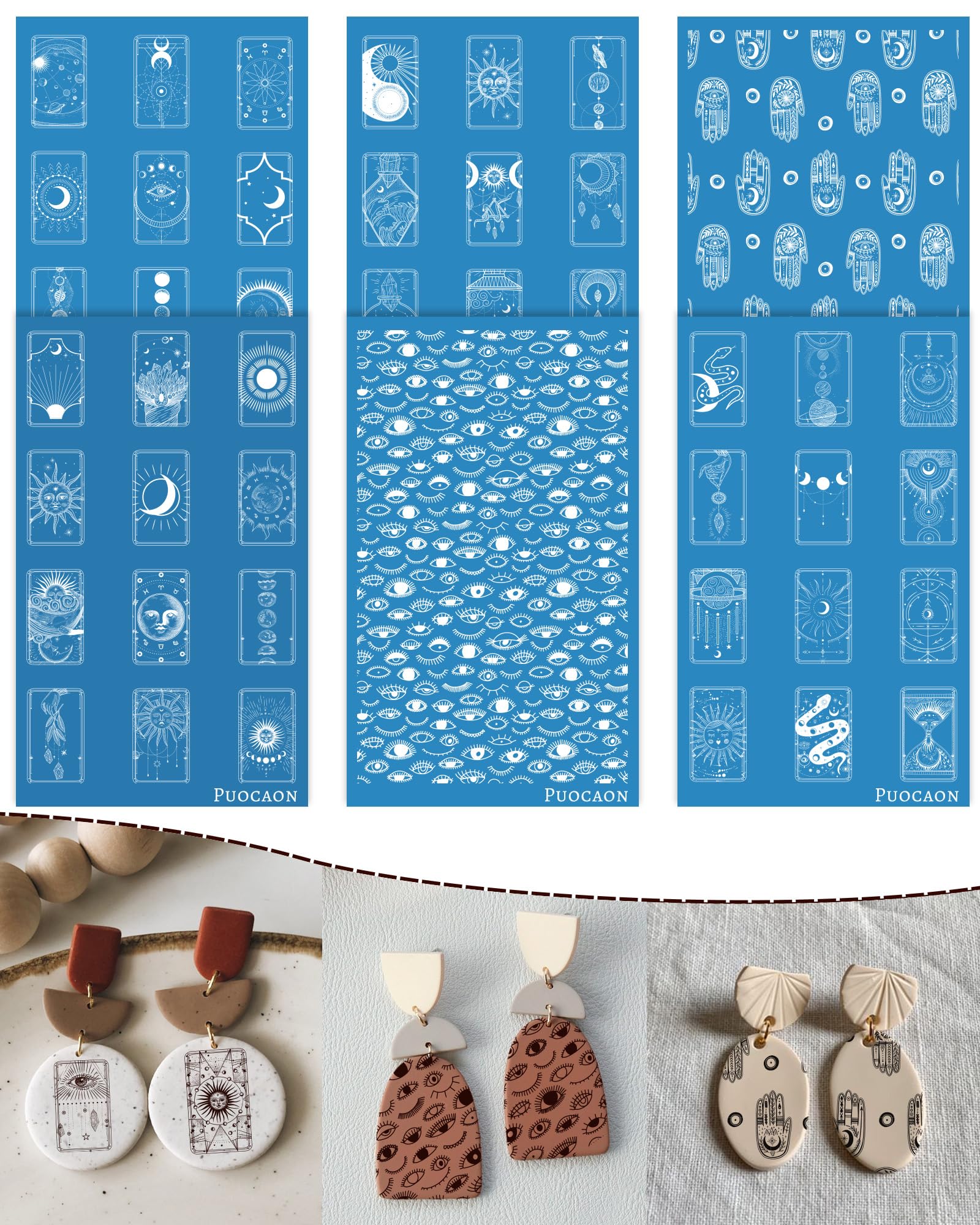 Puocaon Tarot Clay Silk Screen - 6 Pcs Tarot Card Evil Eye Polymer Clay Silk Screen Stencils for Clay Earrings Making, Mystic Silk Screen Stencils for Polymer Clay Jewelry, Crescent Moon Silk Screen