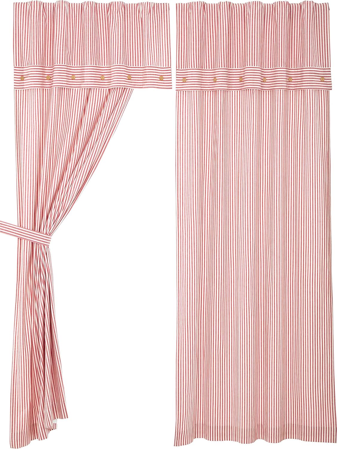 Farmhouse Ticking Stripe Red Panel Curtains, Set of 2, 84" Long, Attached Valance w/Button Accents