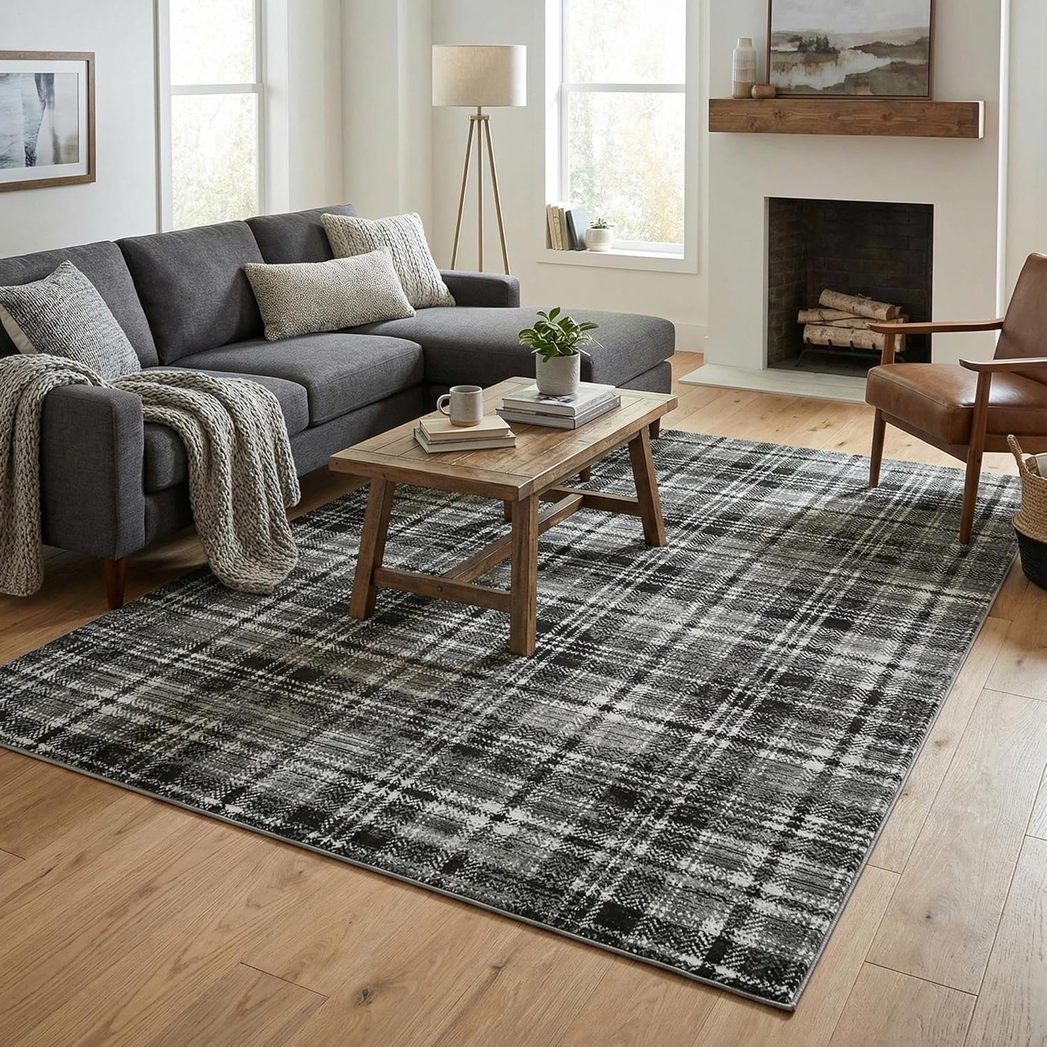 Washable Rug 4x6 Plaid Rugs for Bedroom Vintage Non-Shedding Neutral Floor Mat Indoor Soft Non Slip Carpet Low Pile Foldable Thin Rugs for Living Room Dining Nursery Office Charcoal