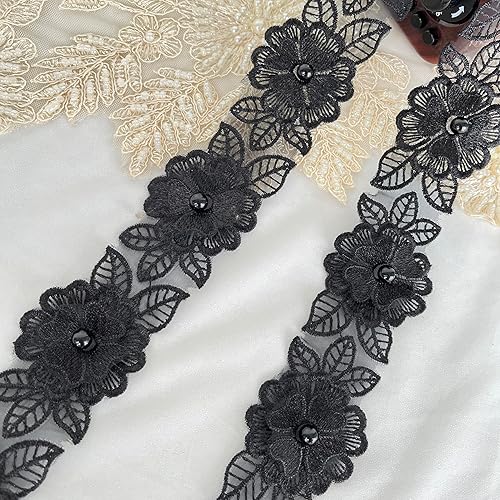 Miniatura 2 de VIRFONOR Bordado de encaje de flores de perlas, borde de encaje bordado, apliques de boda, vestido de ropa, manualidades de costura, 2 yardas (negro)