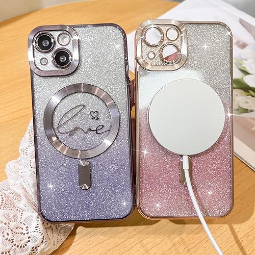 Vista 103 de Fiyart - Funda transparente magnética con purpurina para iPhone 12 para mujeres, con grabado "Love" metálico, protección para cámara y antigolpes