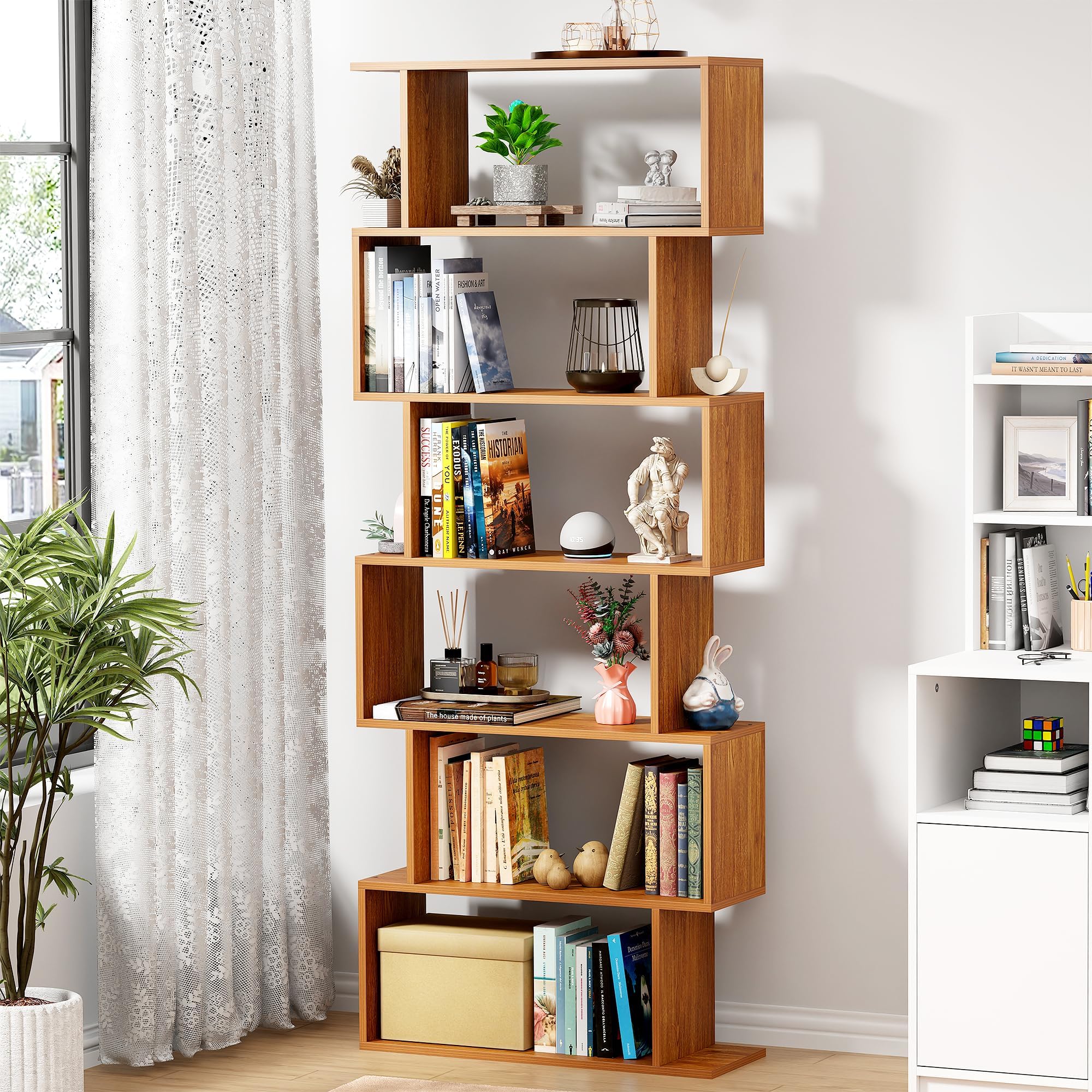 Lukzer 6-Layer S-Shape Ladder Bookshelf | Engineered Wood Open Display Rack | MR-002/Oak Brown | Modern Bookcase for Living Room, Office & Study Room/Library | Home Storage Organizer (178x70x24 cm)DIY