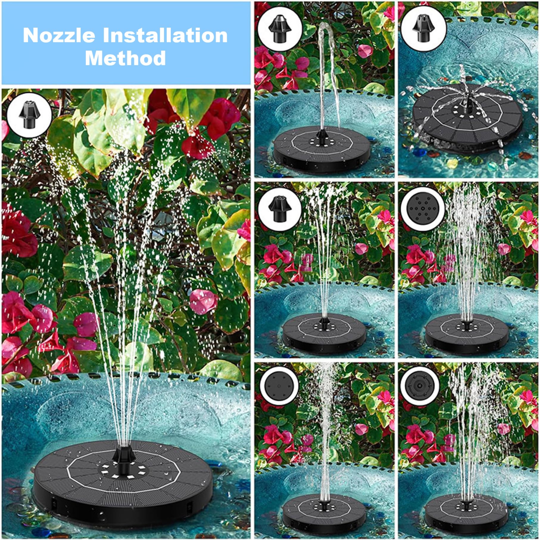 Fuente Solar para baño de pájaros, Bomba de Fuente Solar Negra de 3, 5 W con Luces LED Coloridas y boquillas reemplazables para baño de pájaros, jardín, Estanque, Piscina
