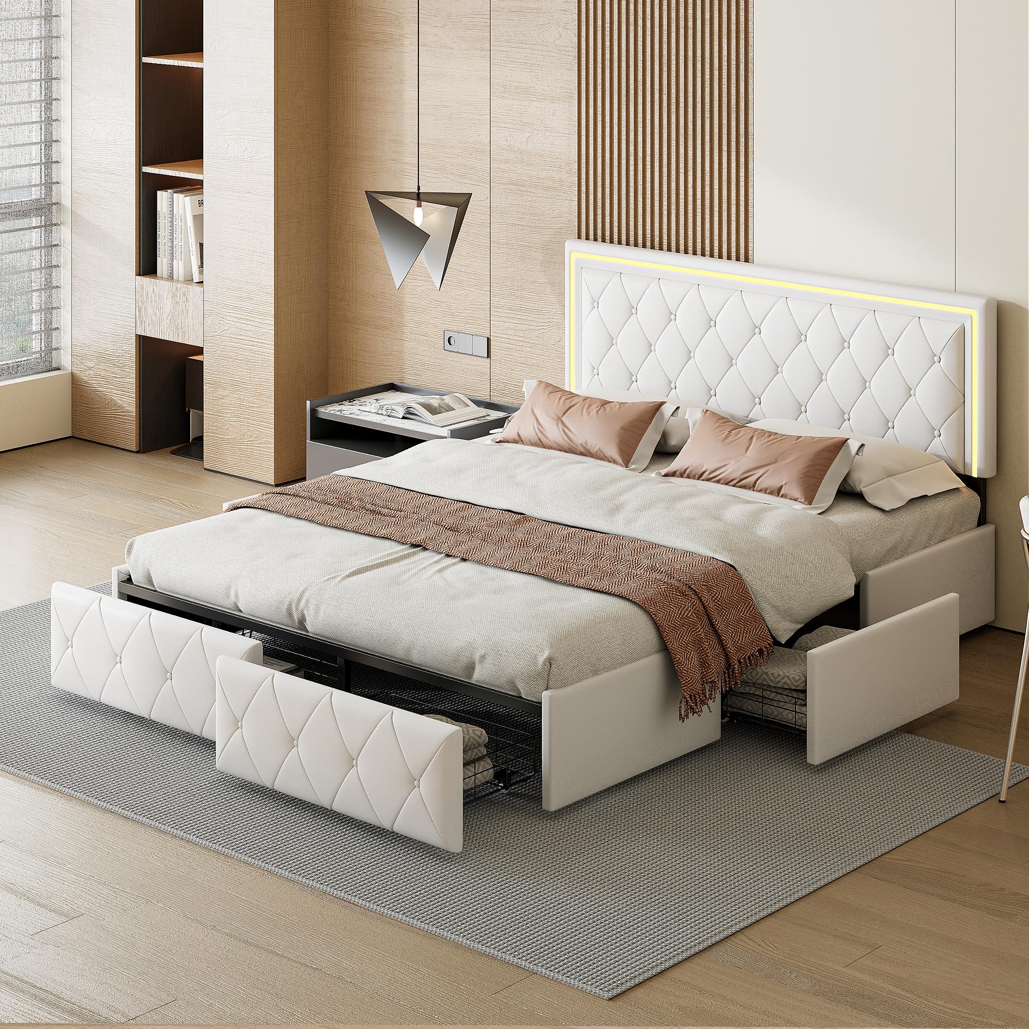 Letto imbottito 160 x 200 cm con illuminazione a LED, letto matrimoniale con 4 cassetti di stoccaggio, telaio letto matrimoniale con rete a doghe, letto cassetto, Beige bianco
