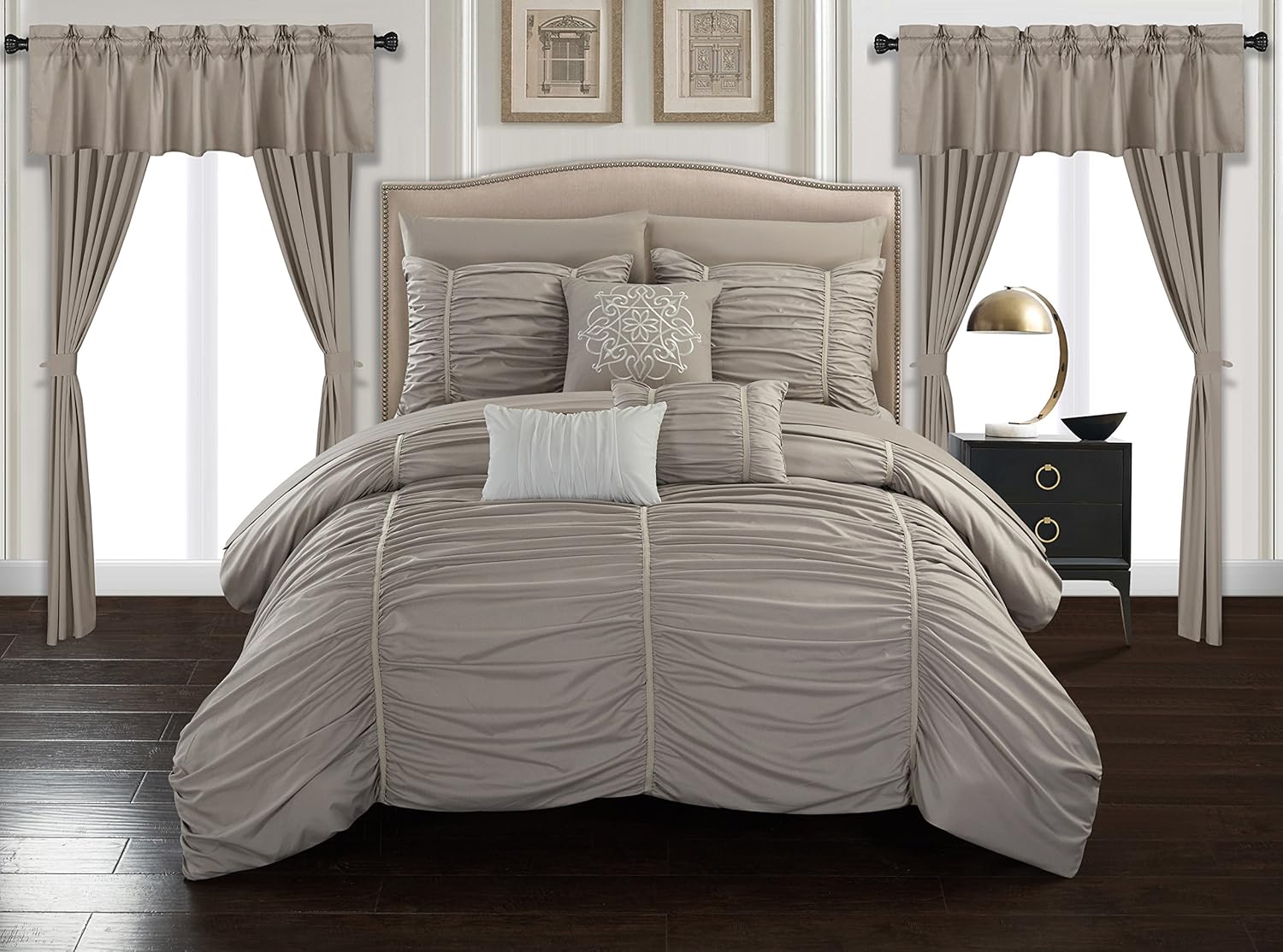 Chic Home Avila 20 Piece Comforter Set Ruffled Ruched Designer Bag Bedding-Sheets Window Treatments Decorative Pillows Shams Included, Queen, Taupe