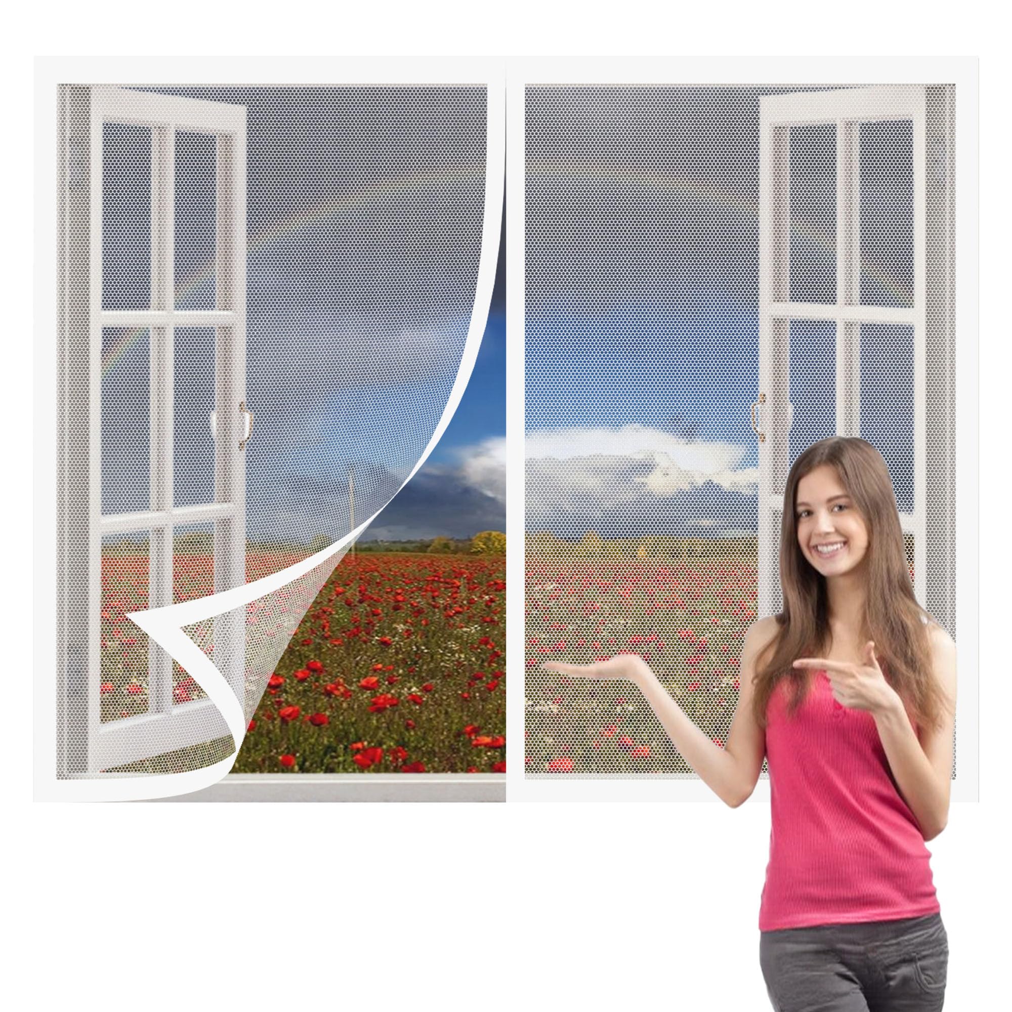 Fly Screens Windows 155 x 130 cm with Selfadhesive Selfadhesive Window Guard Screen Easy Install for Window, Bedroom, Living Room, Kitchen Patio, White