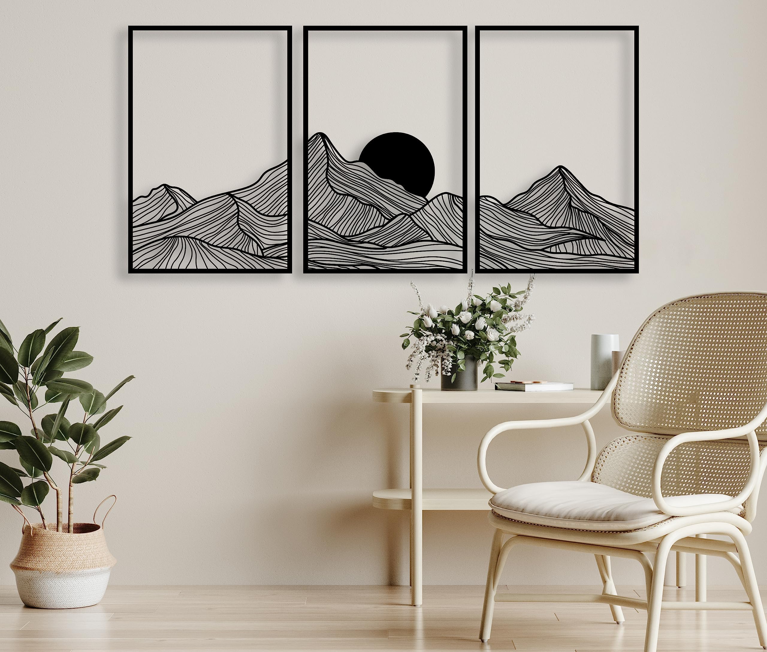 Mountain and Sun Metal Wall Art Set of 3 Nature Minimalist Home Decor Mountain Range Panels Modern Art