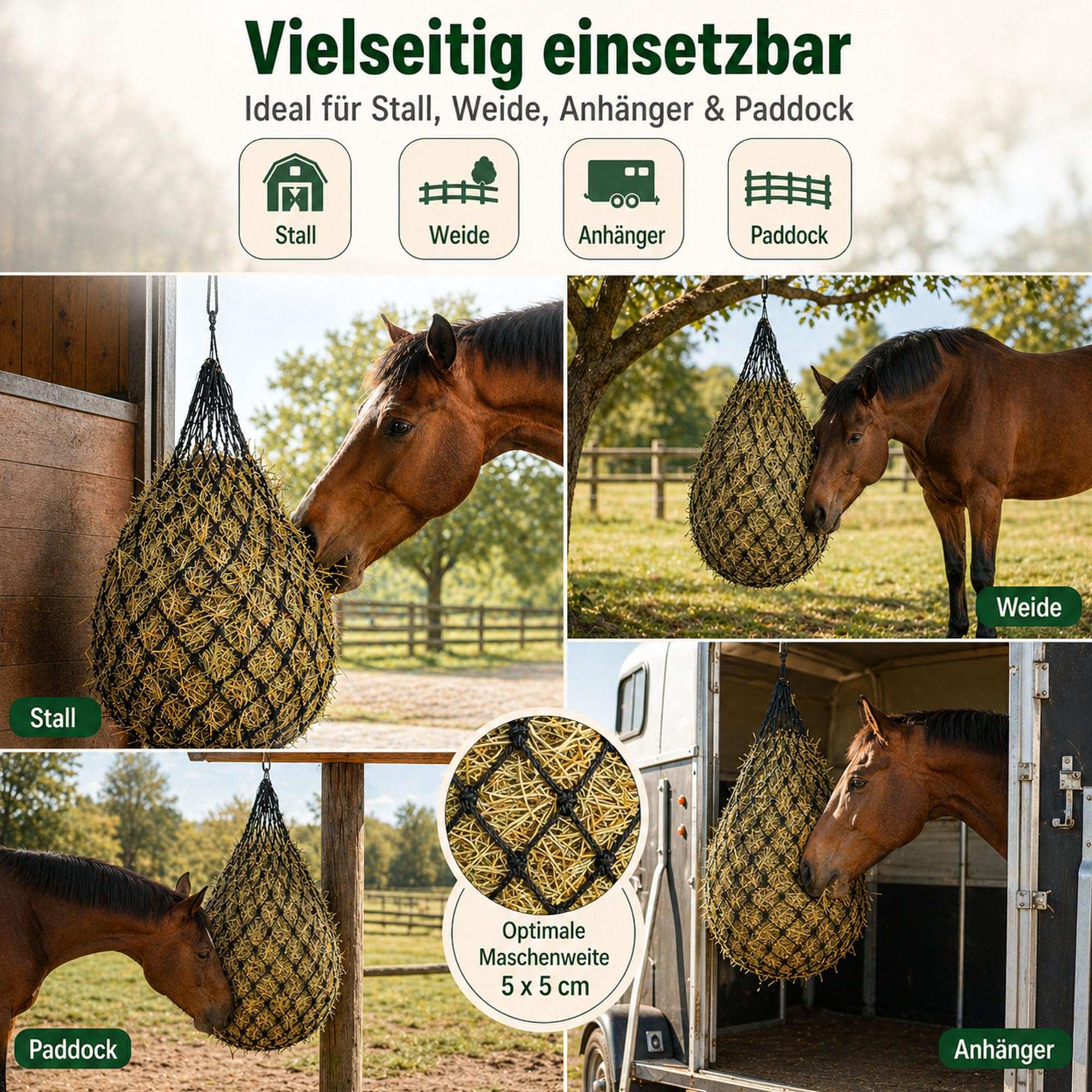 3 stück Heunetz für Pferde Engmaschig – 10kg Runder Heusack mit Tragetasche, Hängendes Heutasche als Futternetz fürs Pferd, für Stall/Weide/Pferdeanhänger, Rundballen & Heuballen, Langsames Füttern