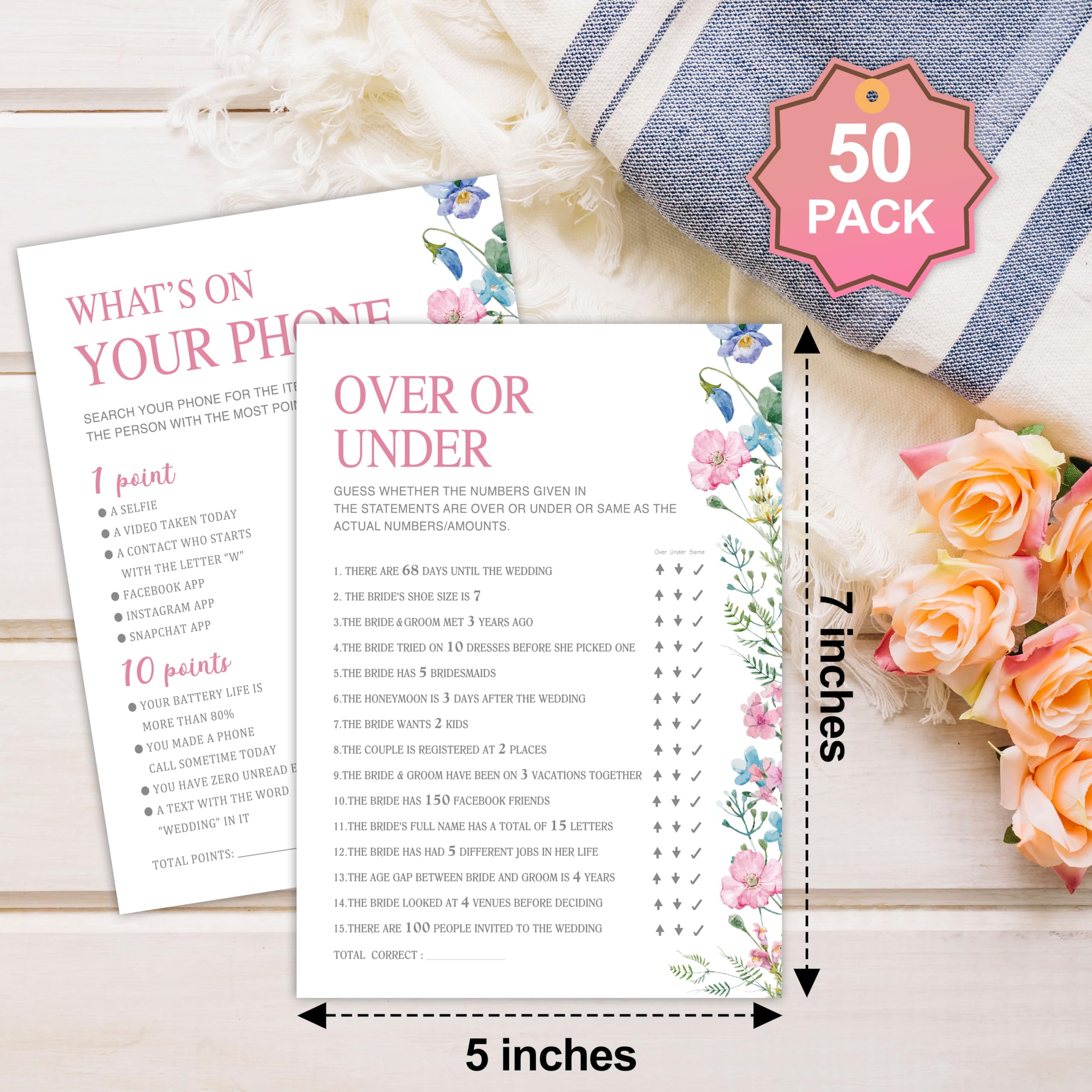 Juego de juegos de despedida de soltera, paquete de 50, tarjetas de juegos florales para bodas, 4 diseños de juegos, decoración de fiesta de recién casados, suministros de juegos de fiesta de