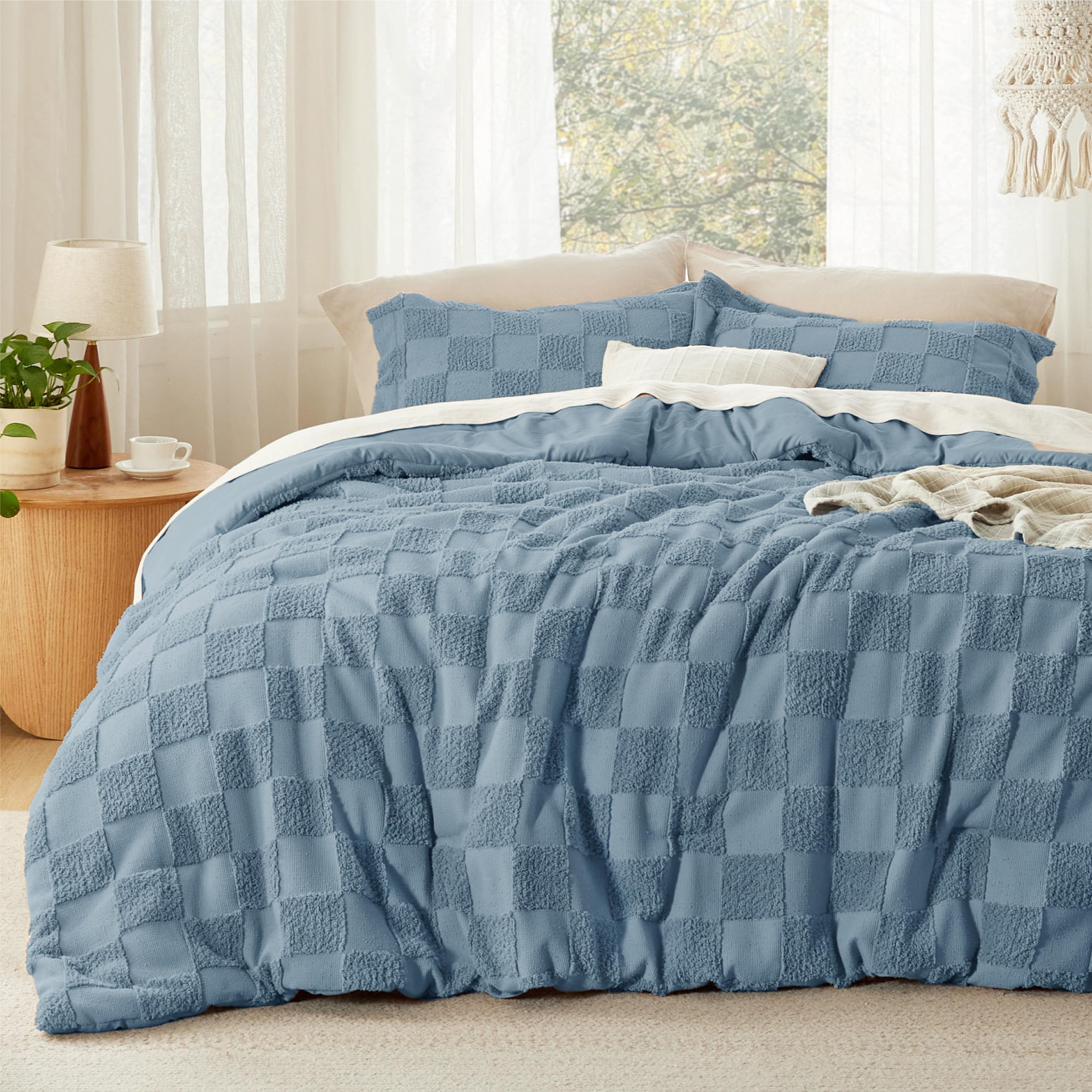 Bedsure Queen Size Comforter Set Mineral Blue, Boho Tufted Bedding Comforter Set, Checkered Farmhouse Shabby Chic Bed Set, 3 Pieces, 1 Plaid Geometric Comforter and 2 Pillow Shams