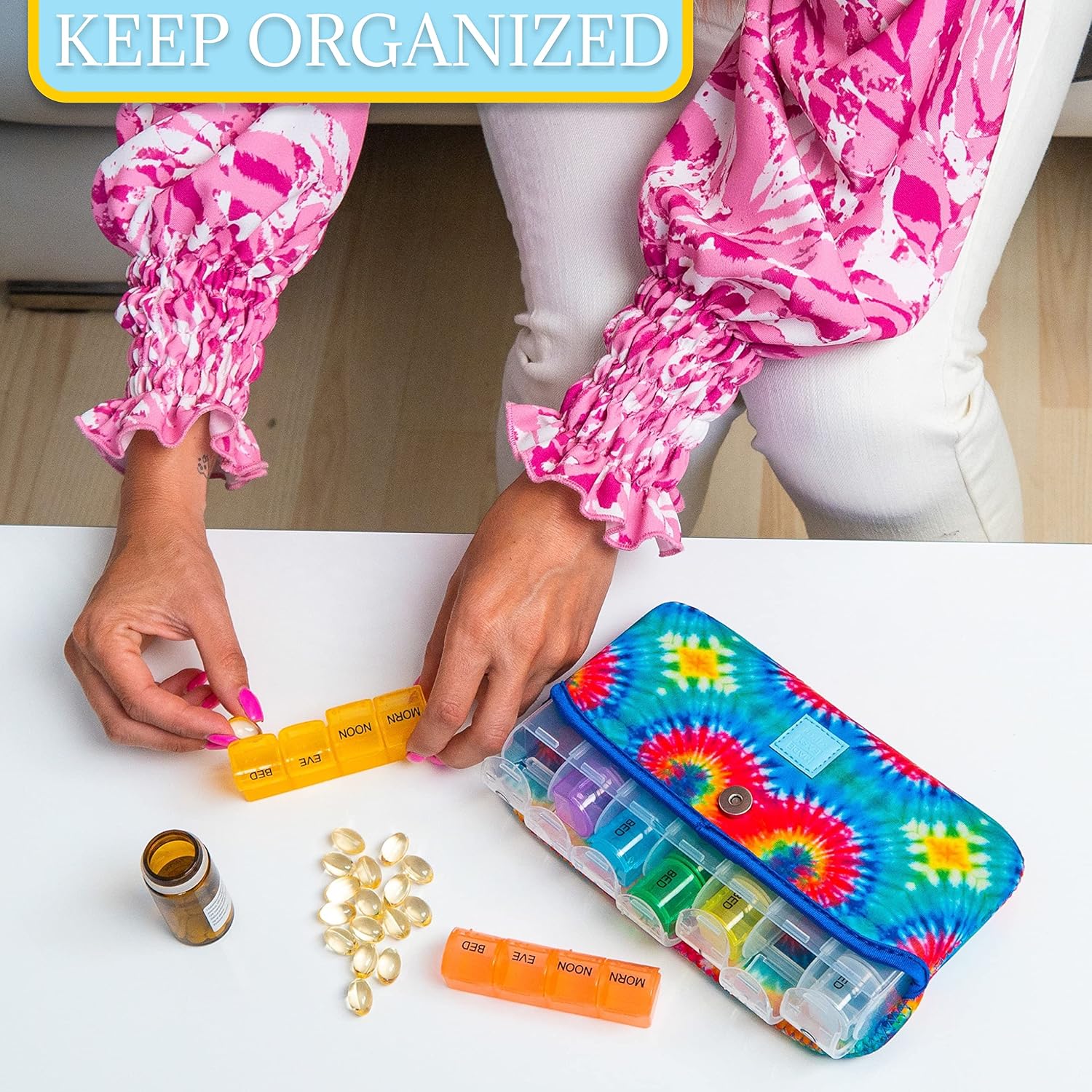 Made Easy Kit Pill Case Large 7-Day / 28 Compartments in Neoprene Carrier with Storage Pill Box in Daily in Morn, NOON, EVE, Bed a Weekly Vitamin, Medicine, Capsule Organization (Tie Dye) image 2