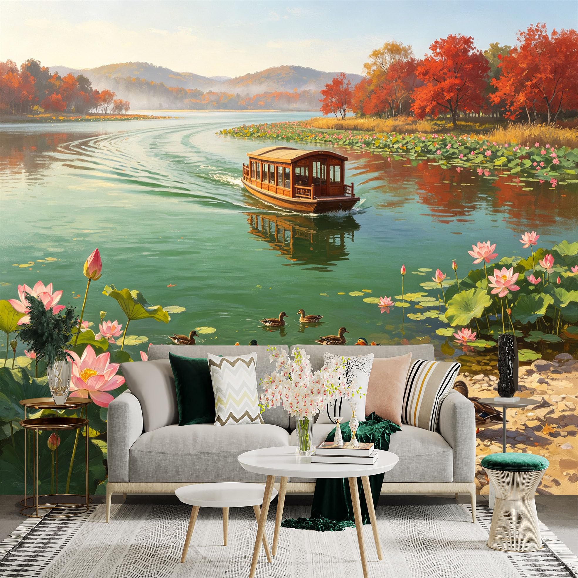 Custom Size Wall Sticker Mural， Scenic Lake with Traditional Boat， Pink Lotus Flowers and Swimming Ducks， for wall Decoration， peelandstick wall Decals.
