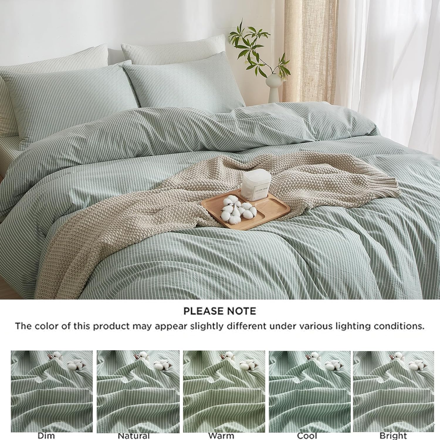 Striped Duvet Cover Set King Size 3 Pcs Breathable Durable 100% Washed Cotton Comforter Cover for All Seasons Chic Linen Like Textured Bedding Set (Green White Pinstripes, King)