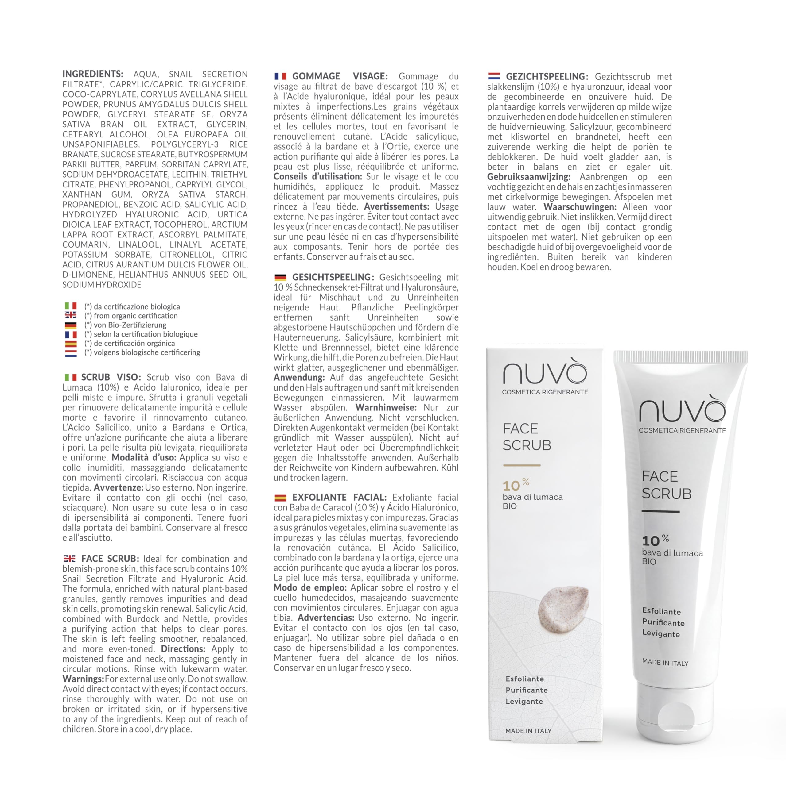 Nuvò - Scrub Viso Azione Esfoliante con Bava di Lumaca Bio 10%, 75 ml | con Acido Salicilico, Mandorla e Nocciola, pulizia profonda per uso quotidiano, per pelli miste, Made in Italy