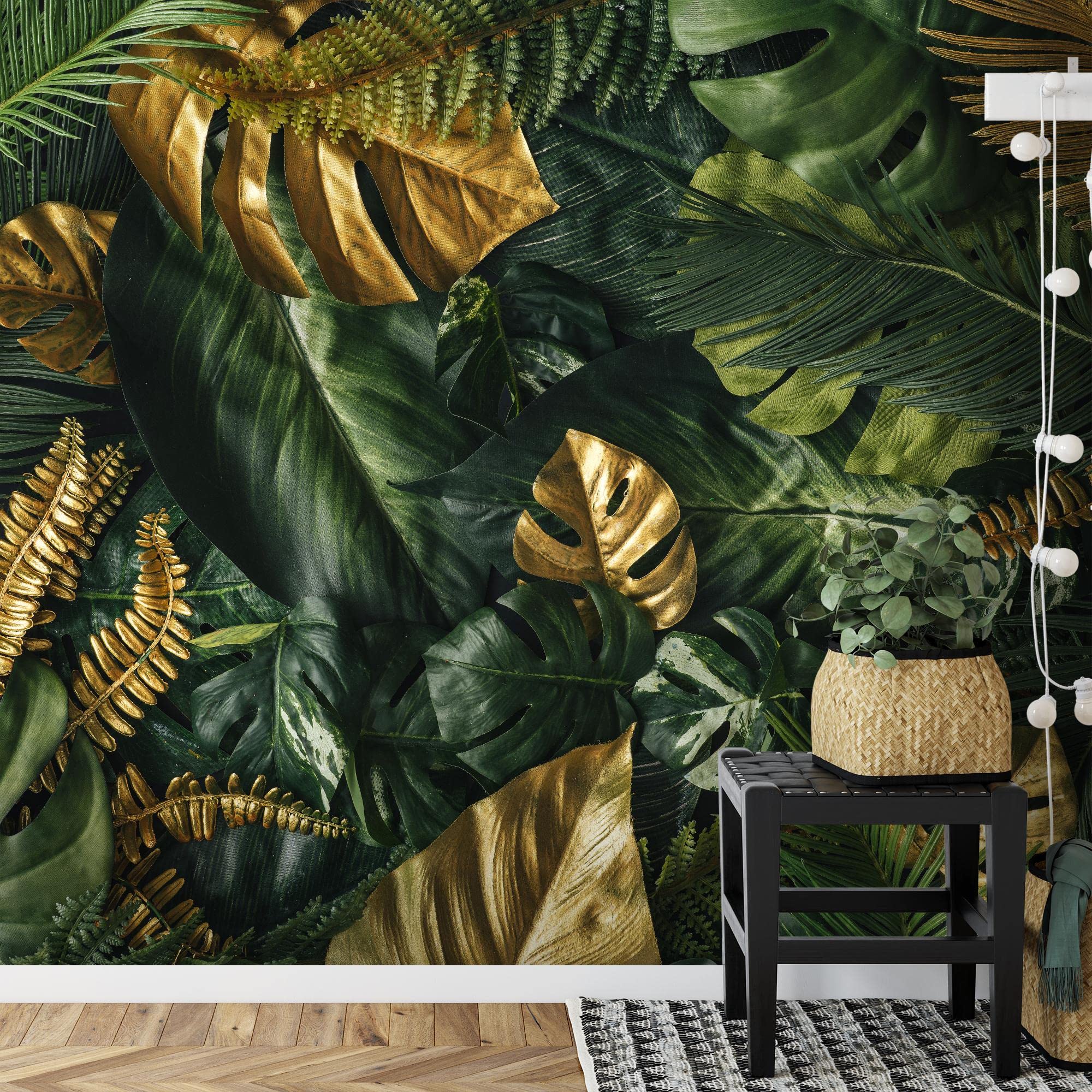 Runa Art Carta da parati fotografica foglie tropicali Monstera 352 x 250 cm Vello Sfondo Murale XXL Moderne Decorazione Soggiorno Camera De Letto Sala Ufficio oro verde 9591011a