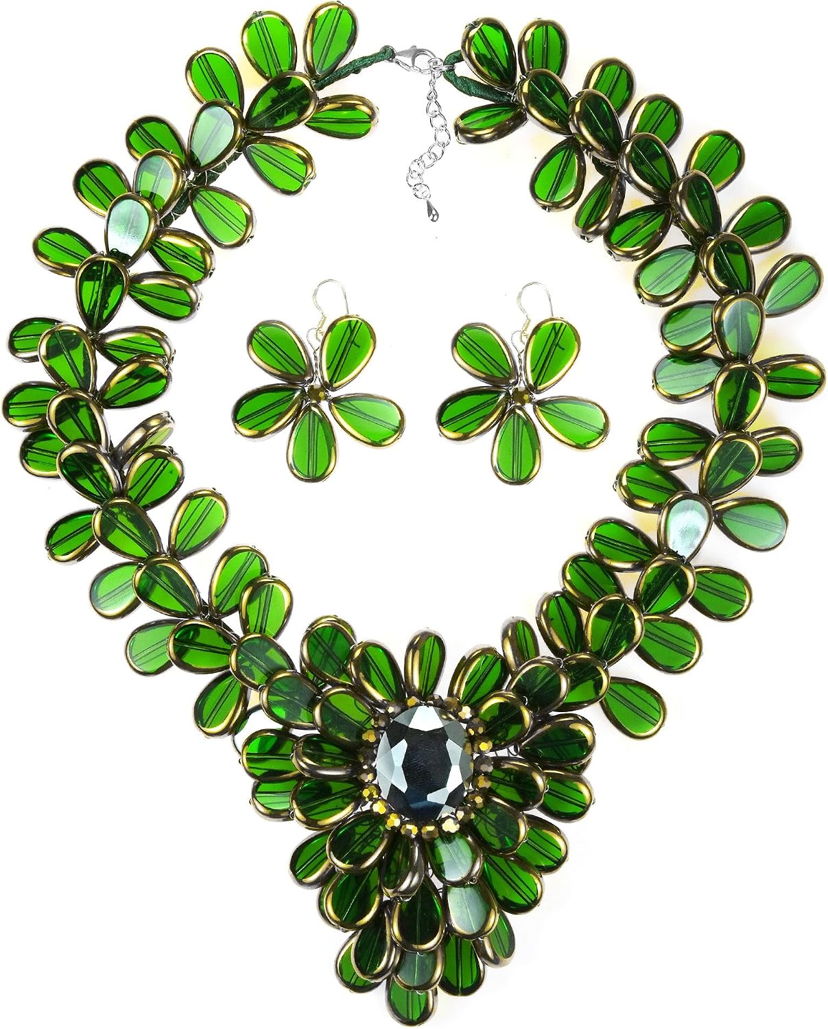 AeraVida Luxurious Branch Green Olive Glass Flower .925 Sterling Silver Necklace Jewelry Set