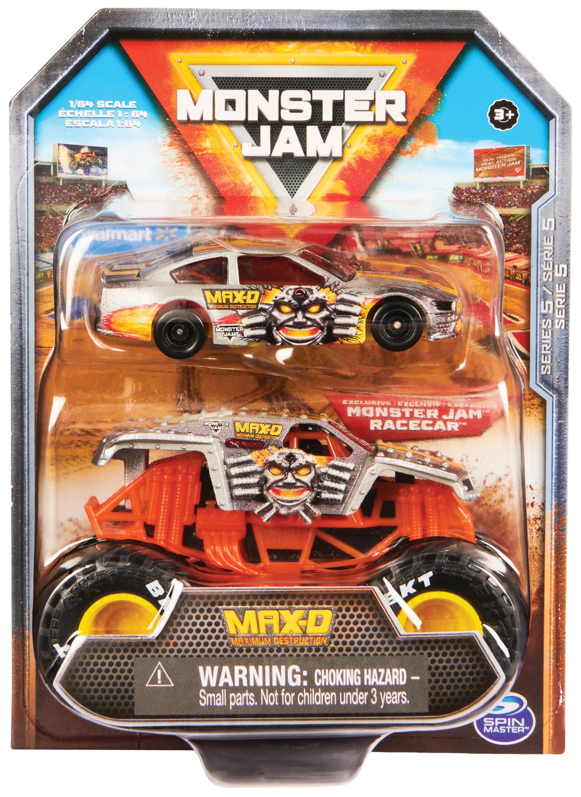 Monster Jam, 1:64 Scale Truck and Racing Car Set, Robust, Detailed Design for Crass Stunts, Ages 3+, Assorted with Max-D, Grave Digger and Earthshaker, Random