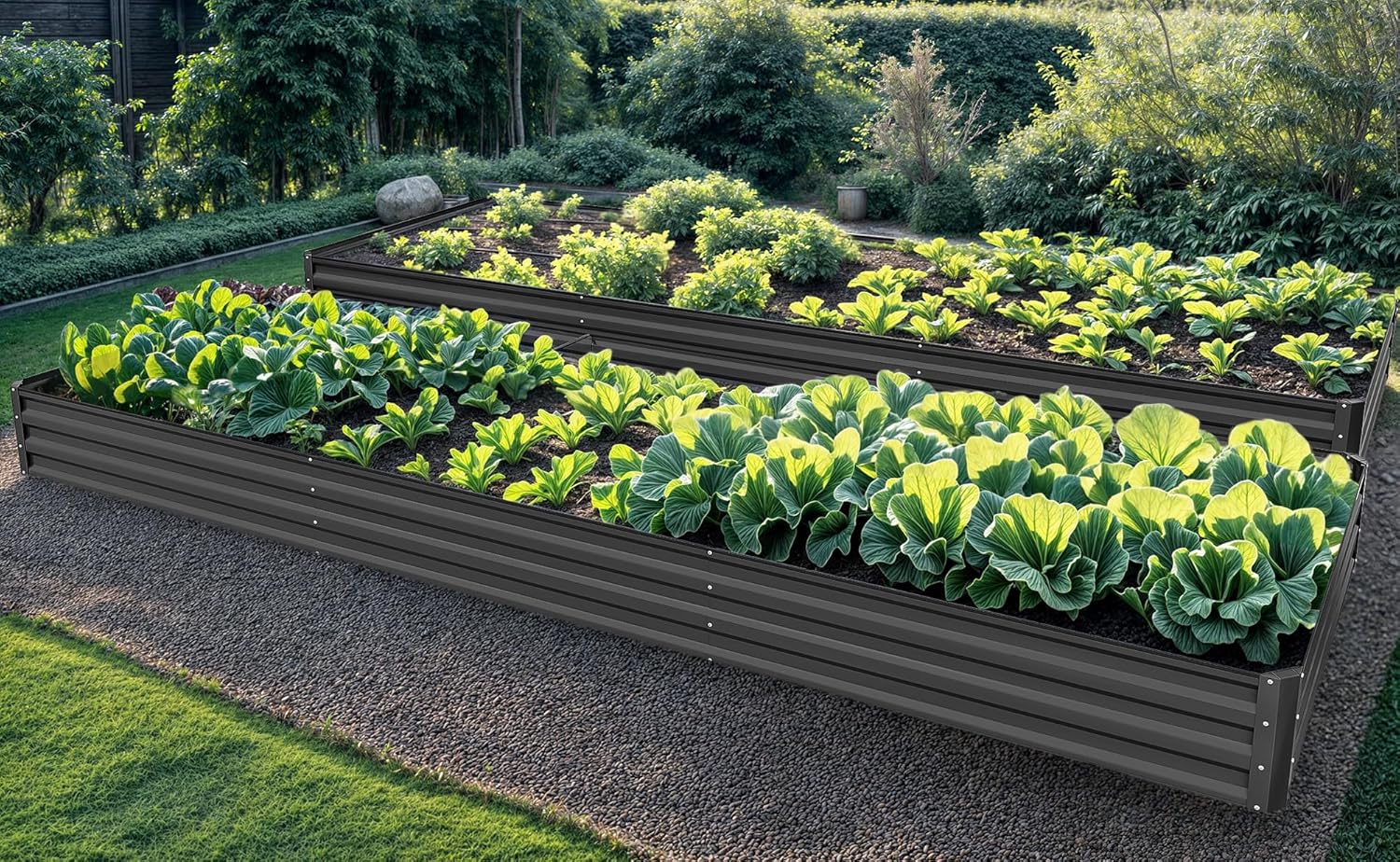 DWVO 2pcs 12 x 4 x 1 FT Raised Garden Bed Kit, Outdoor Galvanized Flower Bed with Safety Rubber and Gloves, Large Metal Planter Box for Vegetables, Flowers, Herbs, Fruits, Black