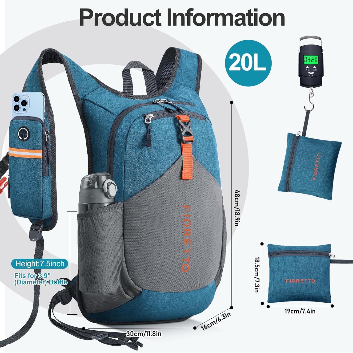 FIORETTO 20L Hiking Backpack for Women Men Mini Packable Backpack Lightweight Small Daypack for Camping Travel Outdoor, Turquoise