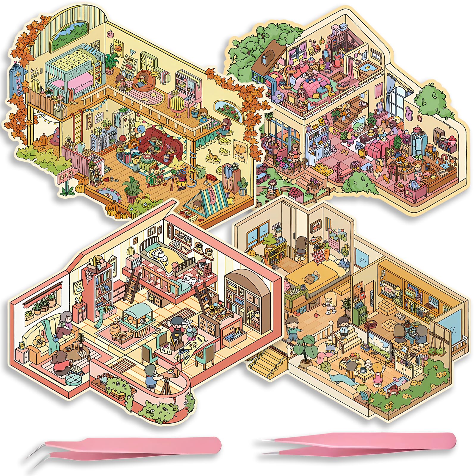 MHBEW4 Sets Big DIY 3D Sticker Scene Isometric Miniature Room Sticker Book for Kids Adults Cute Make Your Own House Stickers for Gifts Paint by Sticker Third Floor Birthday Study Outfit Villa Party (B set)