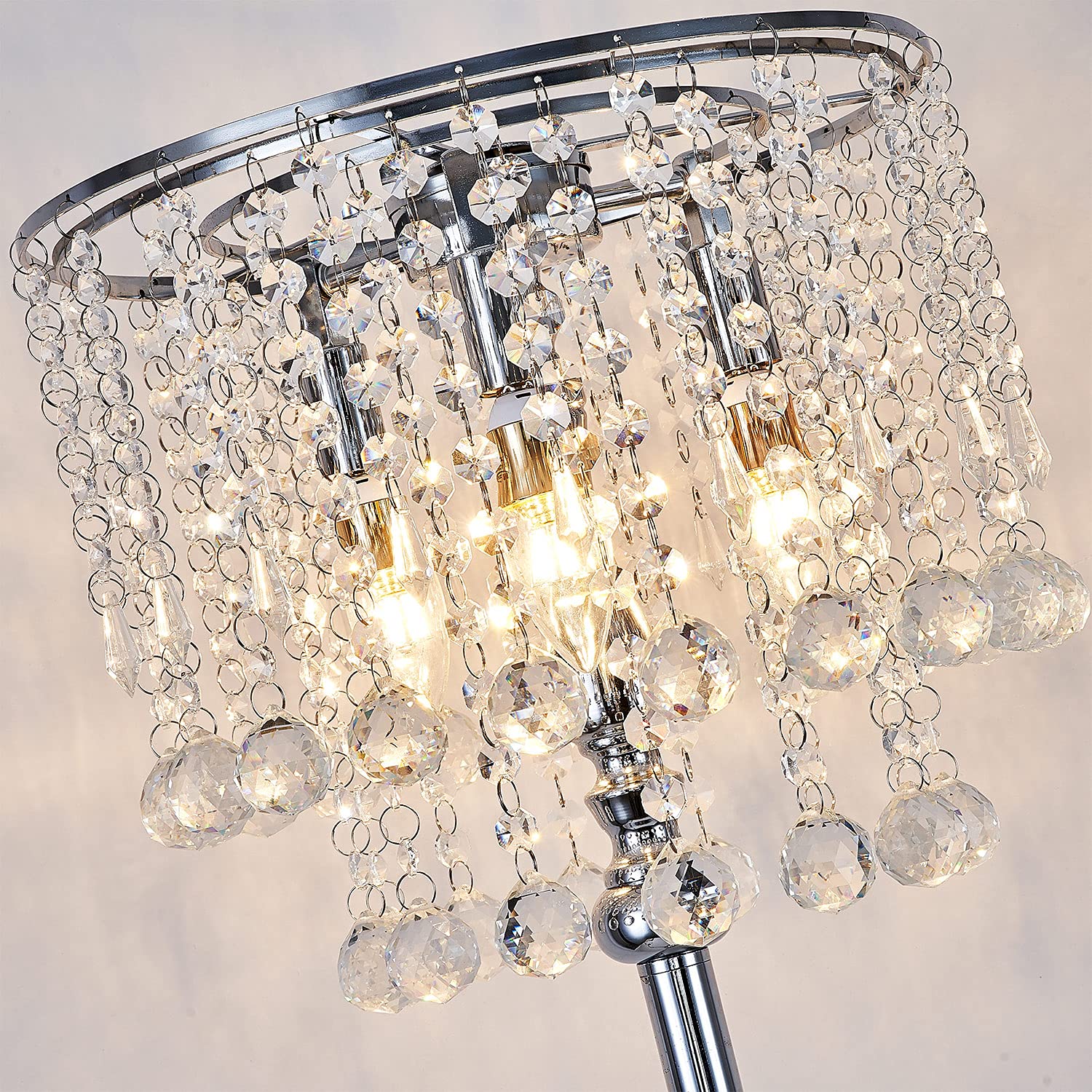 Hsyile Mini European Crystal Floor Lamp - 3-Light Chrome Finish For Living Room, Bedroom, Or Office