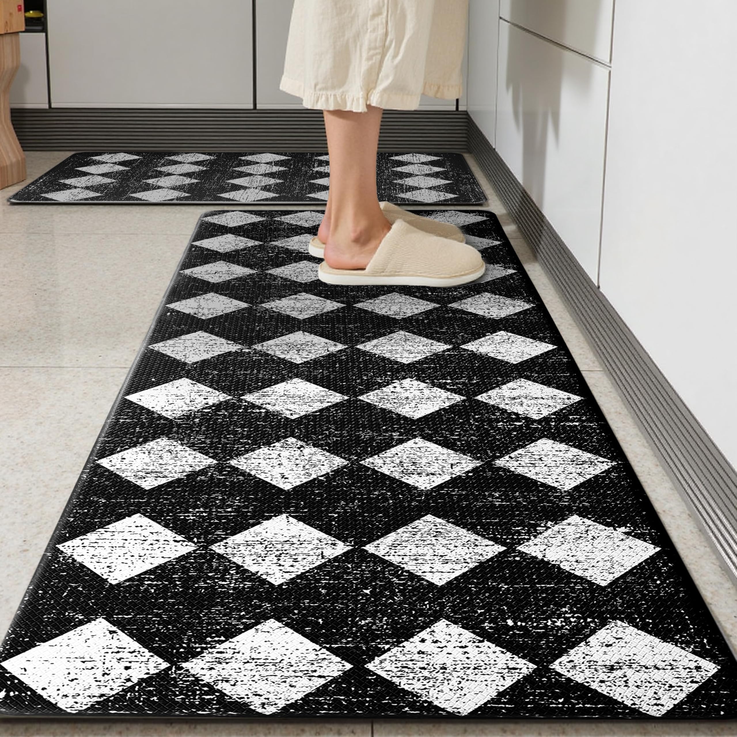 Black Moroccan Trellis Checkered Kitchen Rug Sets [2 PCs], Anti-Fatigue, Waterproof Non-Slip Kitchen Mats Heavy Duty Ergonomic Comfort Foam Rug for Floor, Home, Laundry,17"x29"+17"x47"