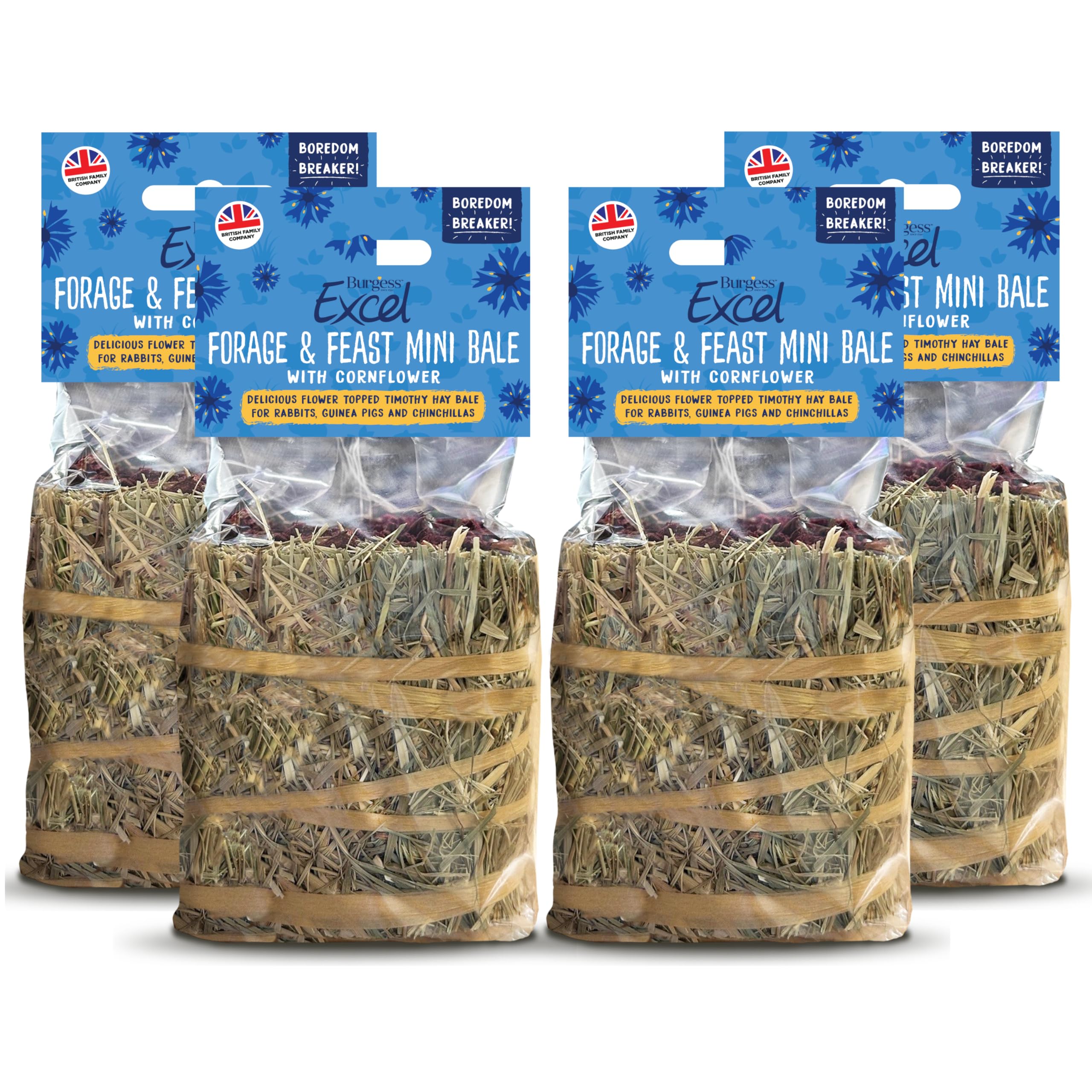 Excel Forage & Feast Mini Bale with Cornflower, 400g – Mini Hay Bale Treat for Rabbits & Guinea Pigs – Natural Snack Topped with Cornflower (Pack of 4)