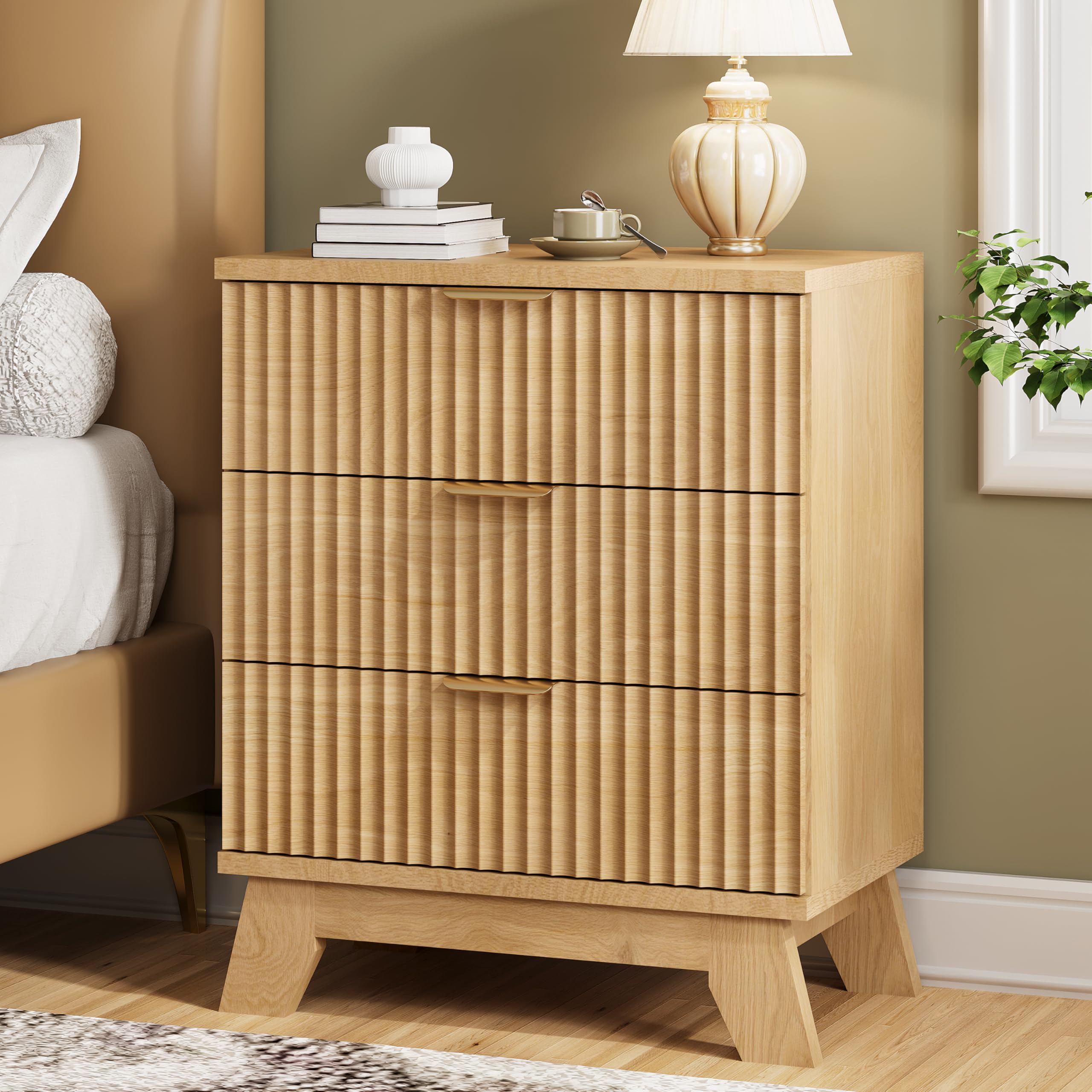 Fluted Nightstand, 24" Wide Side Table with 3 Large Storage Drawers, Mid Century Modern Wood Night Stand with Metal Handle, Wooden Bedside End Table for Bedroom, Living Room, Closet, Natural Oak