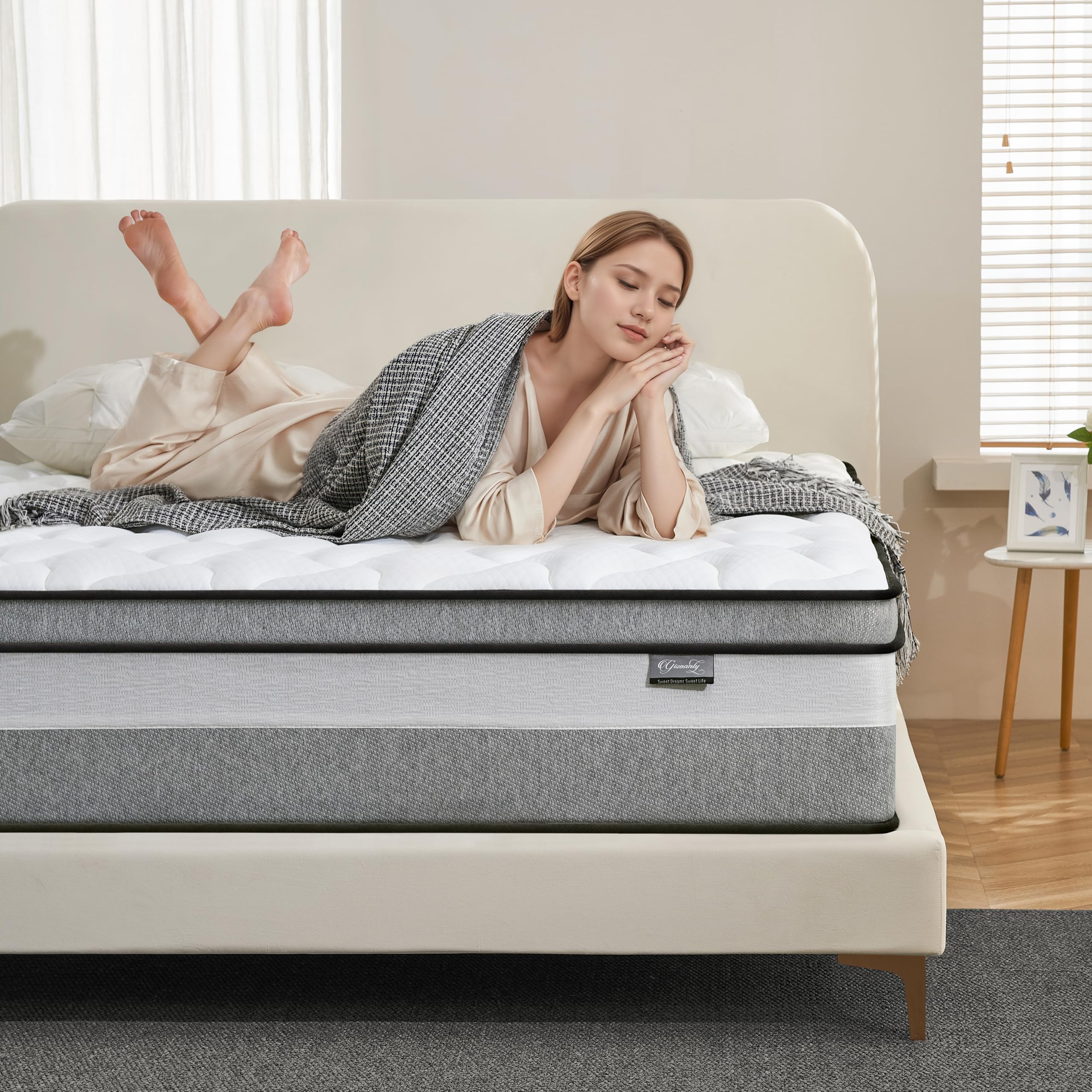Condition photo showing New/Like New for king mattress, 14 inch king size mattresses | medium firm - cooling gel memory foam & zoned pocket coils for pressure relief, spinal alignment & extra lumbar support | motion isolation |