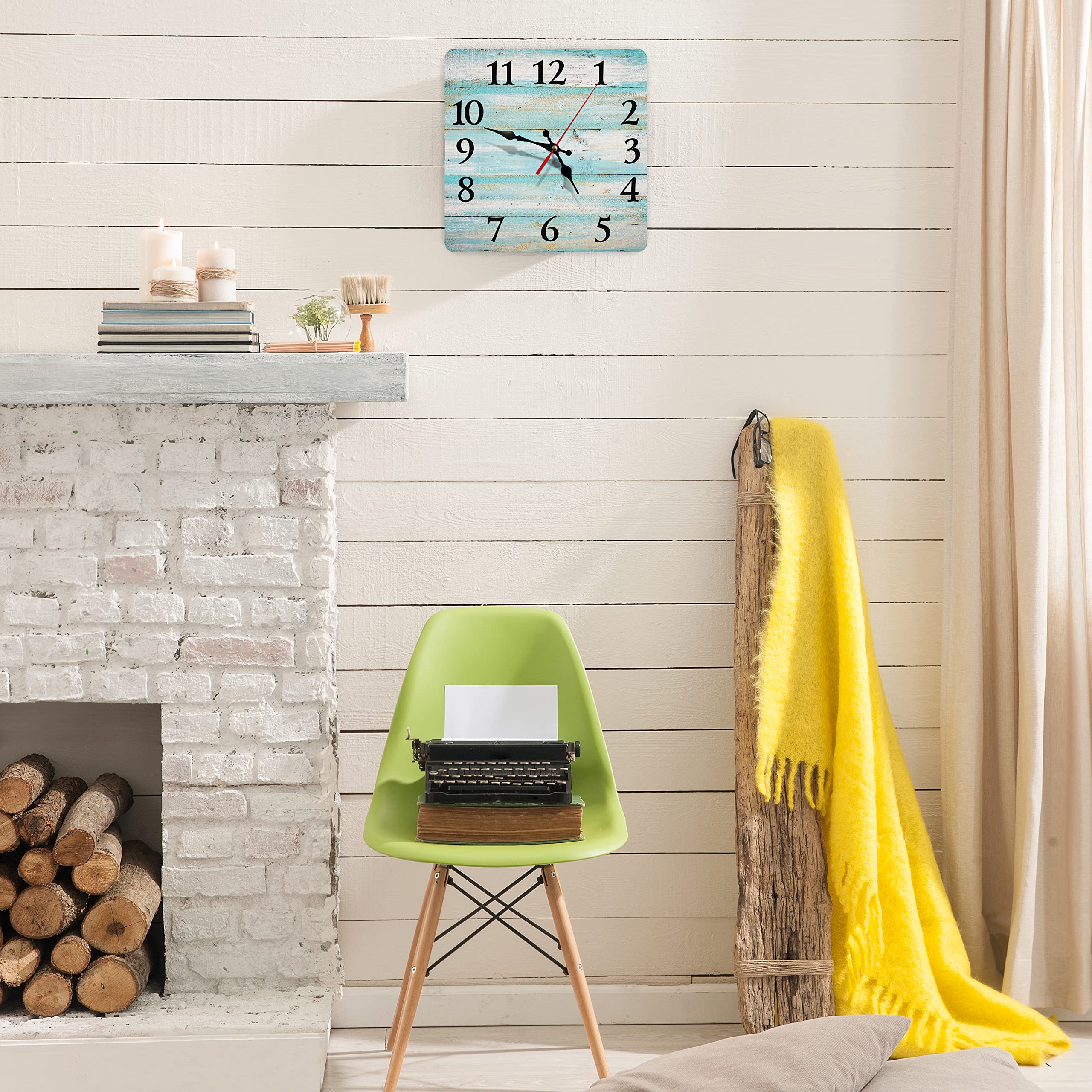 Britimes Square Wall Clock Silent Non-Ticking Battery Operated Clock 12 Inch, Vintage Beach Wood Old Blue Home Decor for Living Room, Kitchen, Bedroom, and Office