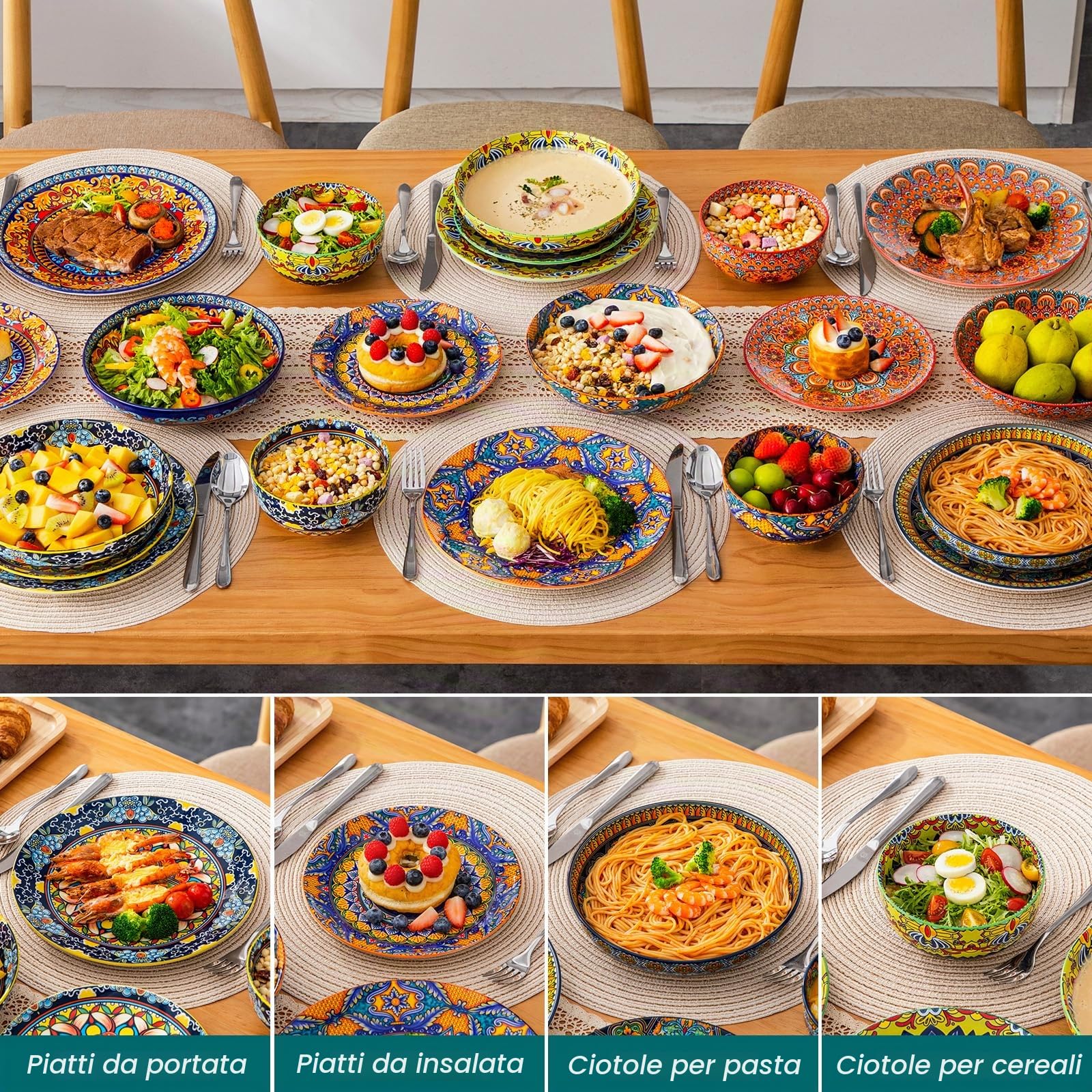 Servizio di Piatti per 6 Persone in Ceramica, vancasso KRVI 24 Pezzi Set di Porcellana Moderna, Servizio da Tavola Stile Bohémien, Set Piatti e Ciotole, Servizio Combinato Colorato