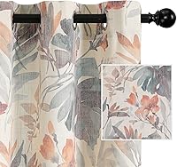 MYSKYHOME Floral Grommet Curtains 84" Long 2 Panels, Light Filtering Cotton Blend Linen Burlap Drapes for Bedroom Living Room - Coral Natural Print