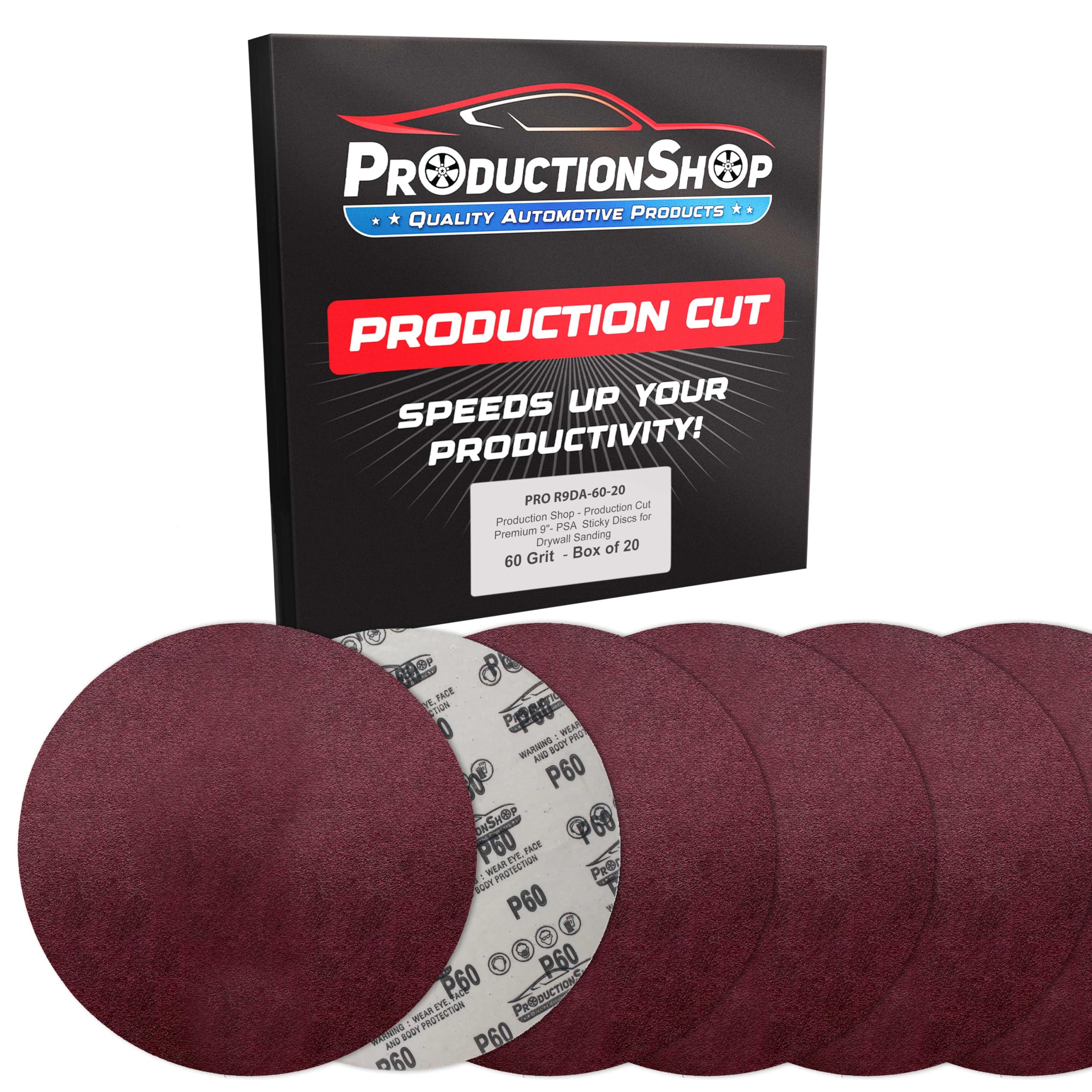 ProductionShop Discos de lija de grano 60 de 9 pulgadas, caja de 20 unidades, papel de lija sin agujeros para lijadoras eléctricas de paneles de yeso, abrasivo de corte grueso, carpintería, madera de