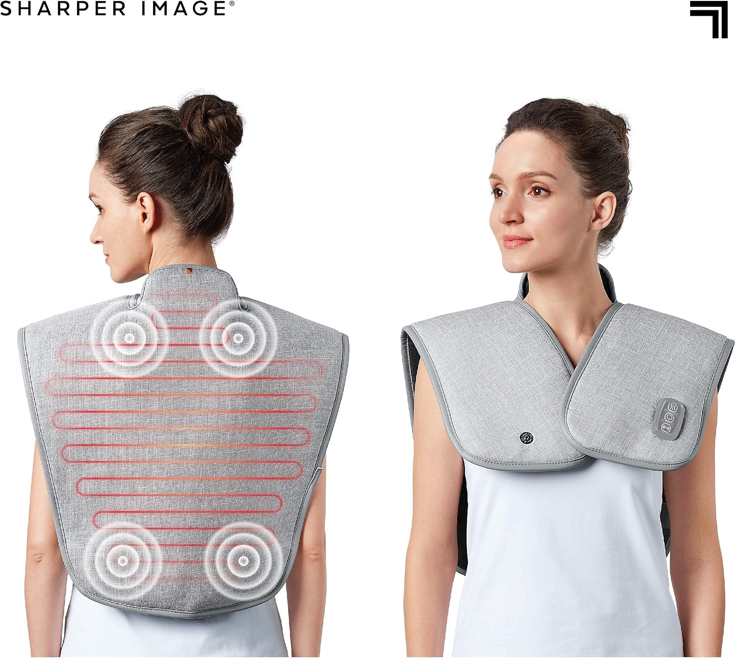 Close-up of the control panel on the Sharper Image Neck + Shoulder Massager.
