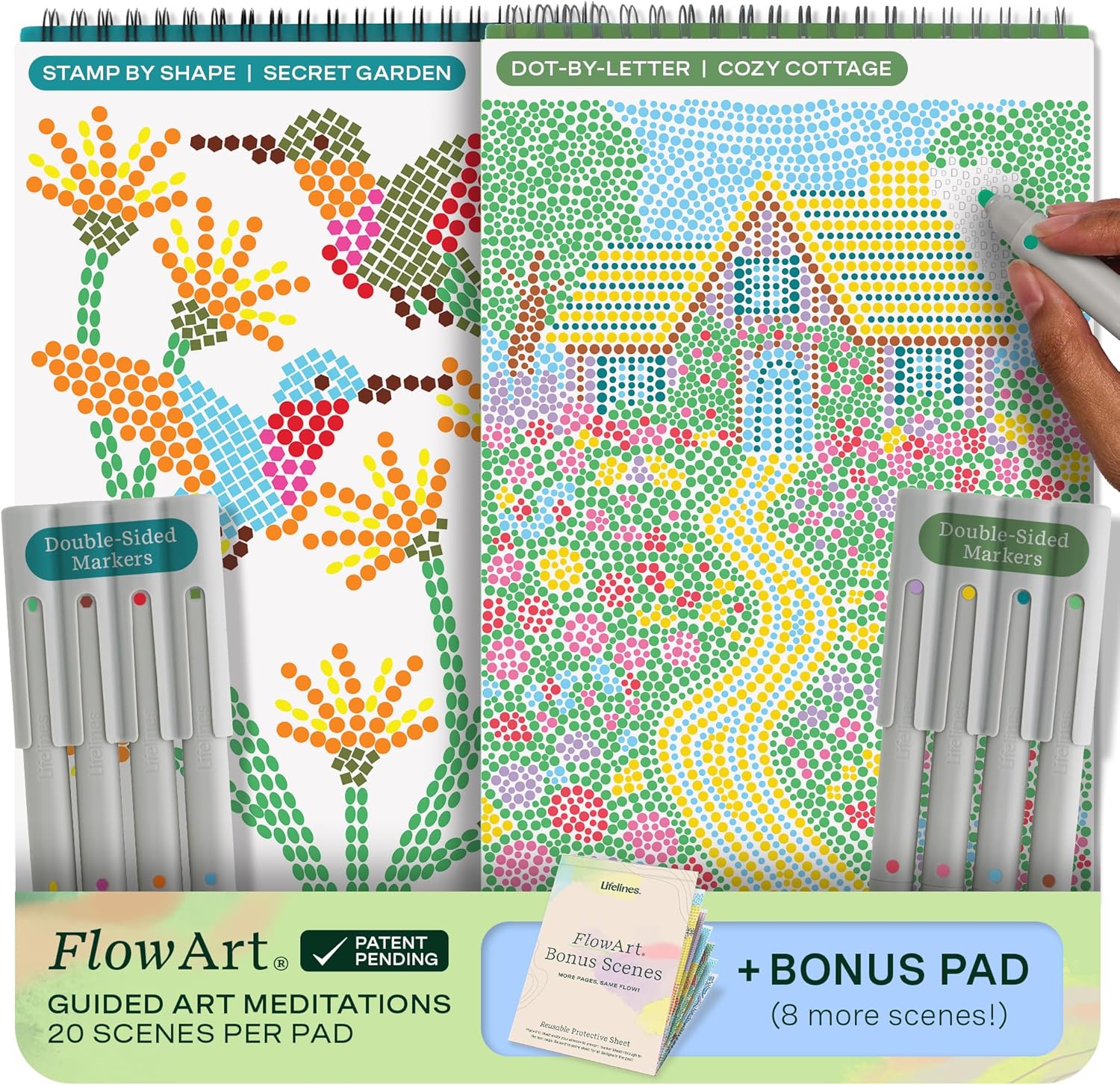 Lifelines FlowArt Activity Pads 2-Pack + Bonus: Guided Dot Art Meditations, Dot-by-Letter & Stamp-by-Shape Coloring Books with 8 Markers, 48 Scenes for Adults, Tweens, Seniors