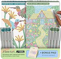 Lifelines FlowArt Activity Pads 2-Pack + Bonus: Guided Dot Art Meditations, Dot-by-Letter & Stamp-by-Shape Coloring Books with 8 Markers, 48 Scenes for Adults, Tweens, Seniors