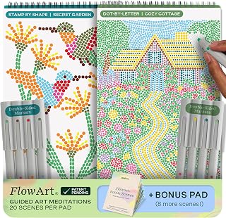 Lifelines FlowArt Activity Pads 2-Pack + Bonus: Guided Dot Art Meditations, Dot-by-Letter & Stamp-by-Shape Coloring Books with 8 Markers, 48 Scenes for Adults, Tweens, Seniors