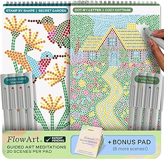 Lifelines FlowArt Activity Pads, 2-Pack & Bonus Pad - Guided Dot Art Meditations - 8 Double-Sided Markers & 48 Scenes - Dot-by-Letter & Stamp-by-Shape Coloring Books for Tweens, Adults & Seniors