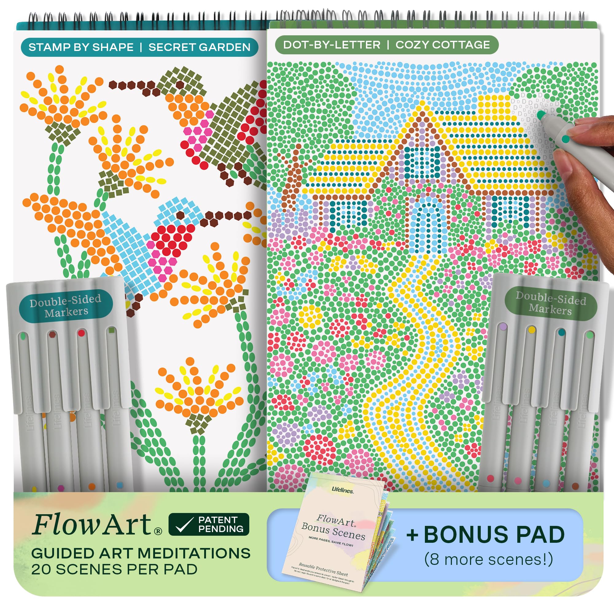 Lifelines FlowArt Activity Pad, 2-Pack & Bonus Pad - Guided Dot Art Meditations with Markers - Dot-by-Letter & Stamp-by-Shape Coloring Books for Tweens, Adults & Seniors
