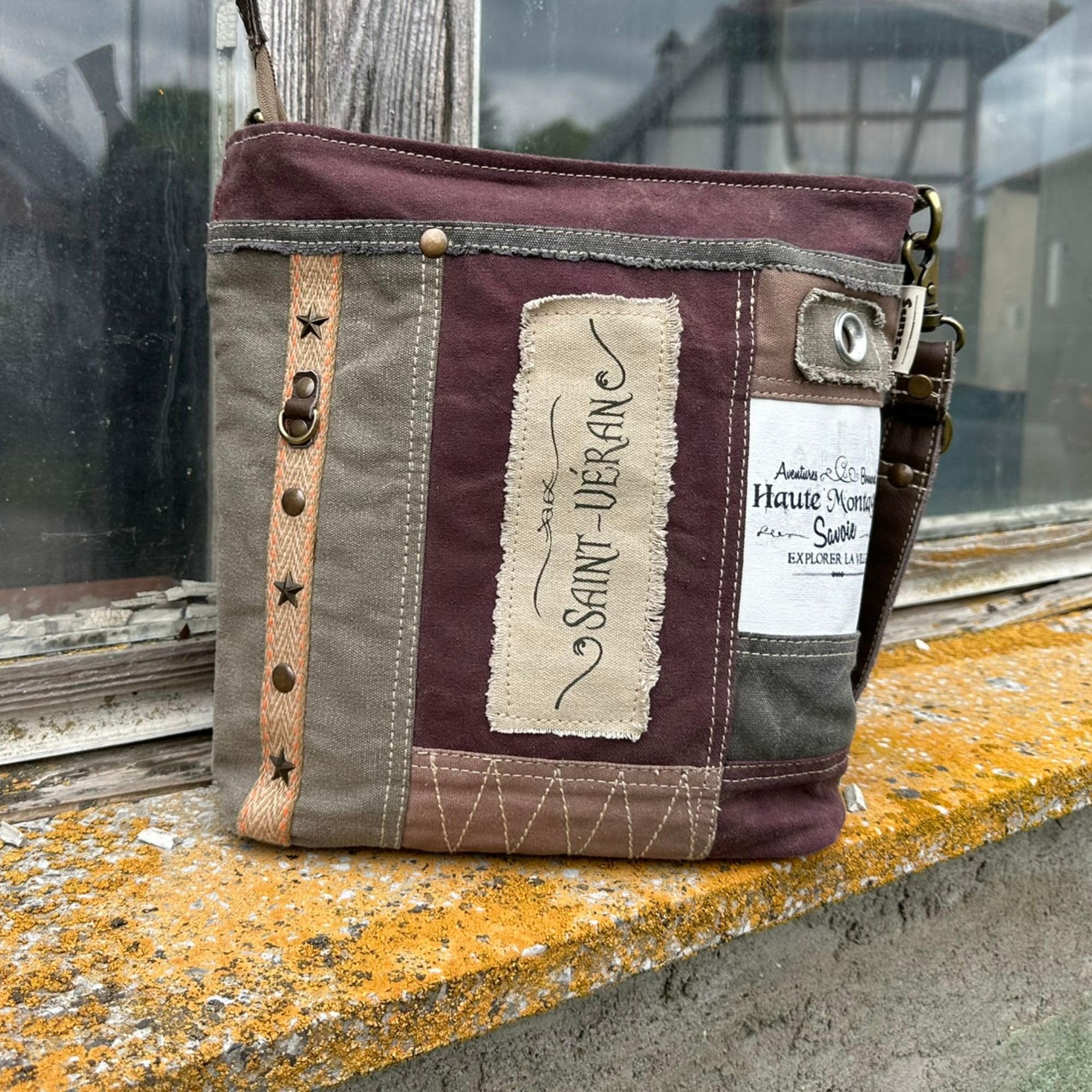 Sunsa Umhängetasche. Große Damen Tasche aus Canvas & Leder, braun khaki