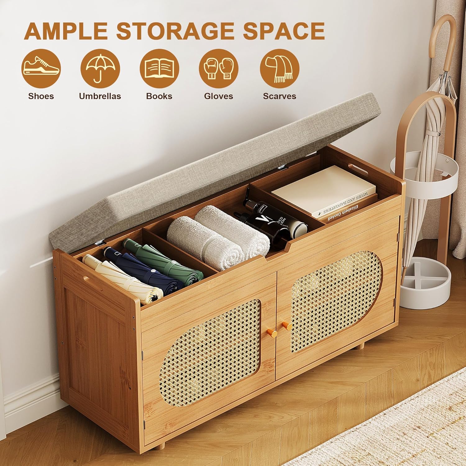 Rattan Shoe Storage Bench, 35.4" Bamboo Entryway Bench, 2-Tier Shoe Rack with 2 Doors & Padded Seat Cushion for Entryway, Living Room, Bedroom