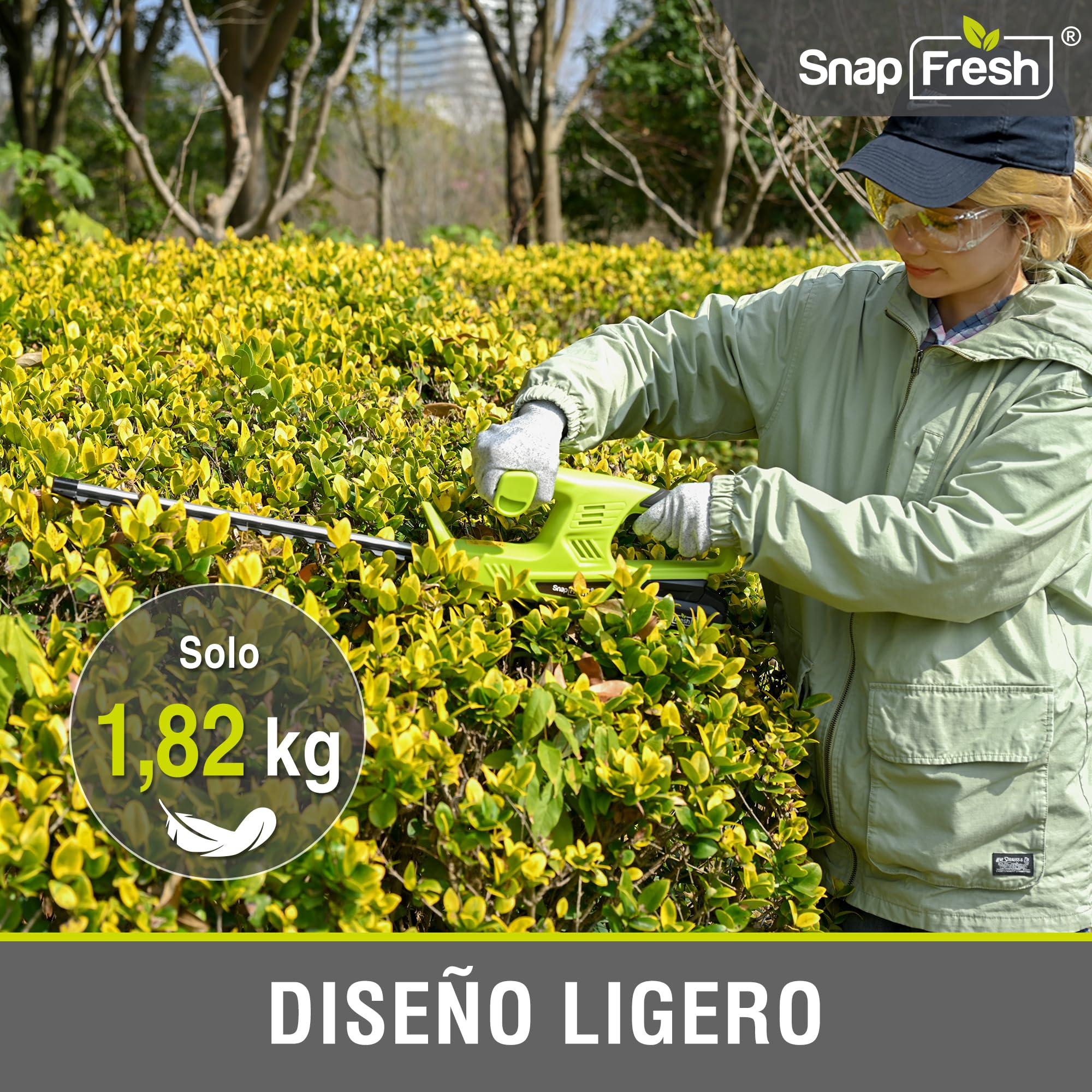 SnapFresh Cortasetos a Batería 20V, Longitud de Corte 45 cm, 2800 SPM, 65Mn, Ligero para Setos y Jardín, Batería 2,0Ah y Cargador Incluidos