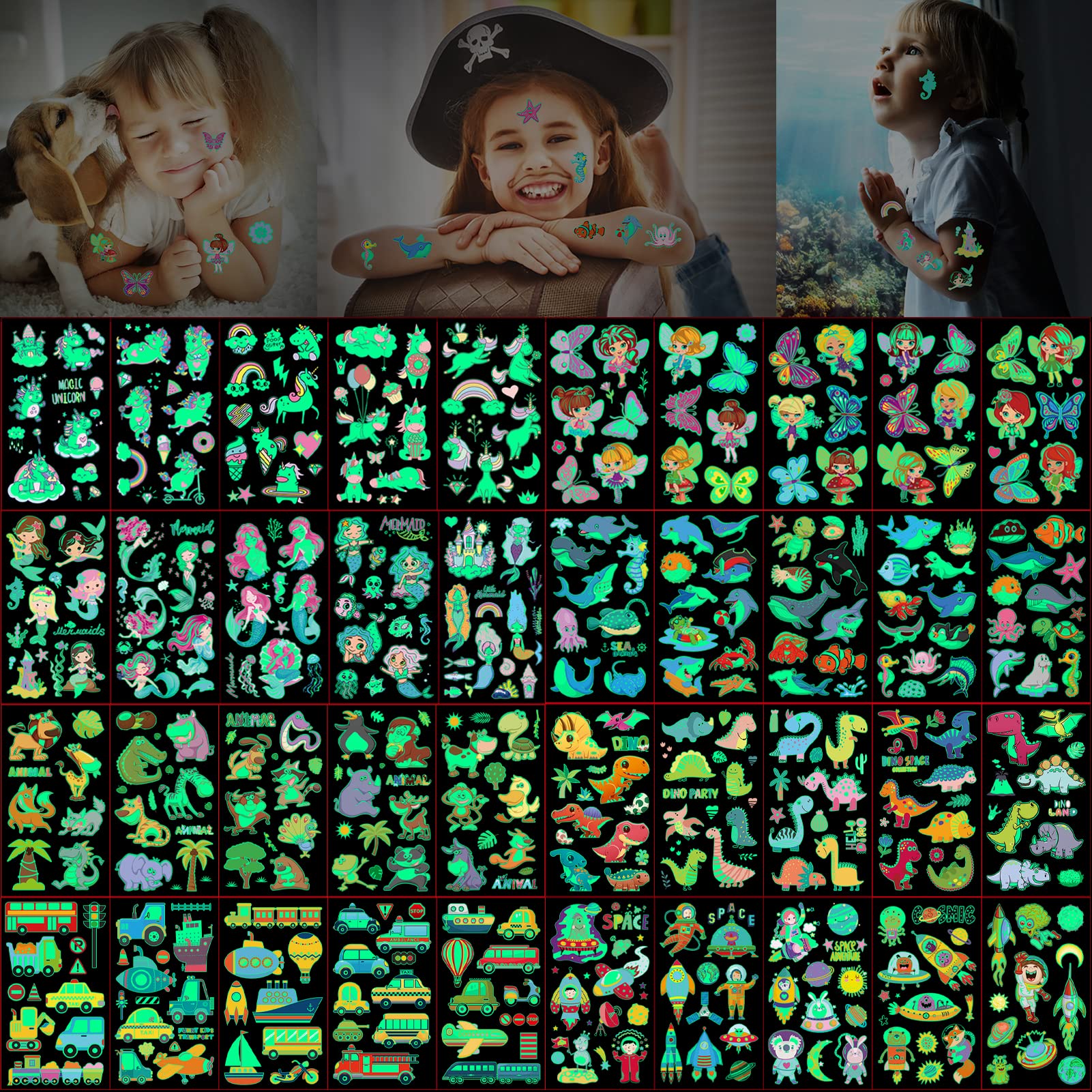 40 Sheets 500 Styles Luminous Temporary Tattoos for Kids, Mixed Styles Waterproof Glow In The Dark Stickers - Unicorn/Mermaid/Dinosaur/Animal for Boys and Girls Birthday Party Supplies