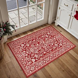 Christmas Area Rug 2x3 Red Washable Entryway Non Slip Small Carpet Holiday Door Mat Vintage Distressed Floral Accent Rug Low Pile Soft Thin Xmas Doormat for Bathroom Laundry Kitchen