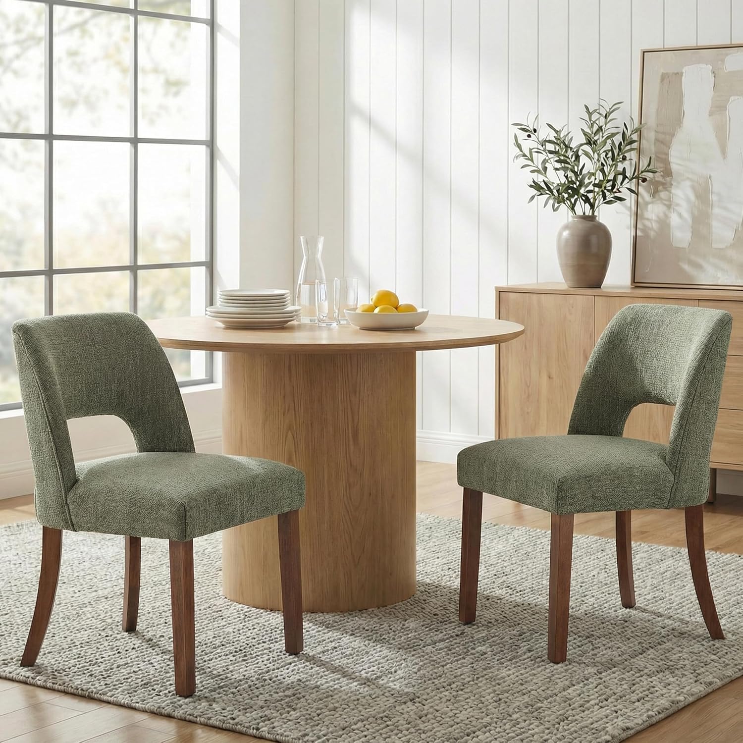 keoni Wooden Dining Chairs Set of 4, Mid Century Modern Upholstered Dining Room Chairs with Rubberwood Legs, Fabric Farmhouse Kitchen Chairs with Foot Pegs for Dining Room, Green