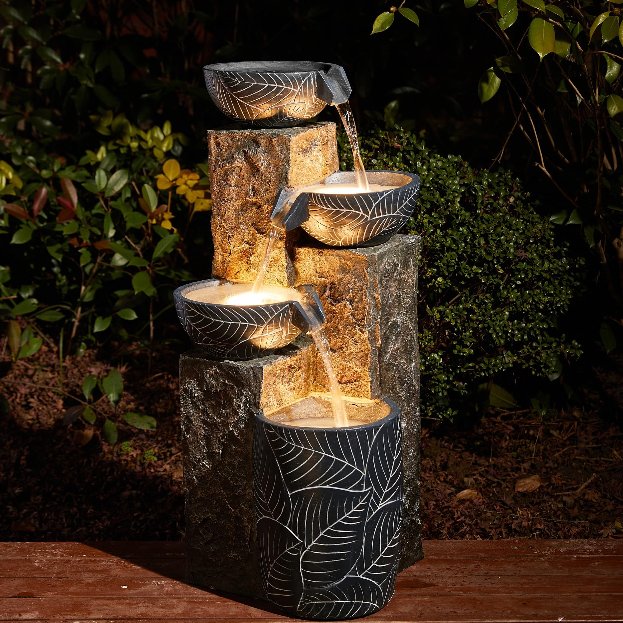 Glitzhome 32.75" H Outdoor Garden Water Fountain with LED Lights and Pump, Natural Leaf Textured 4-Tier Resin Cascading Floor-Standing Fountain for Porch Deck Patio Backyard Decoration